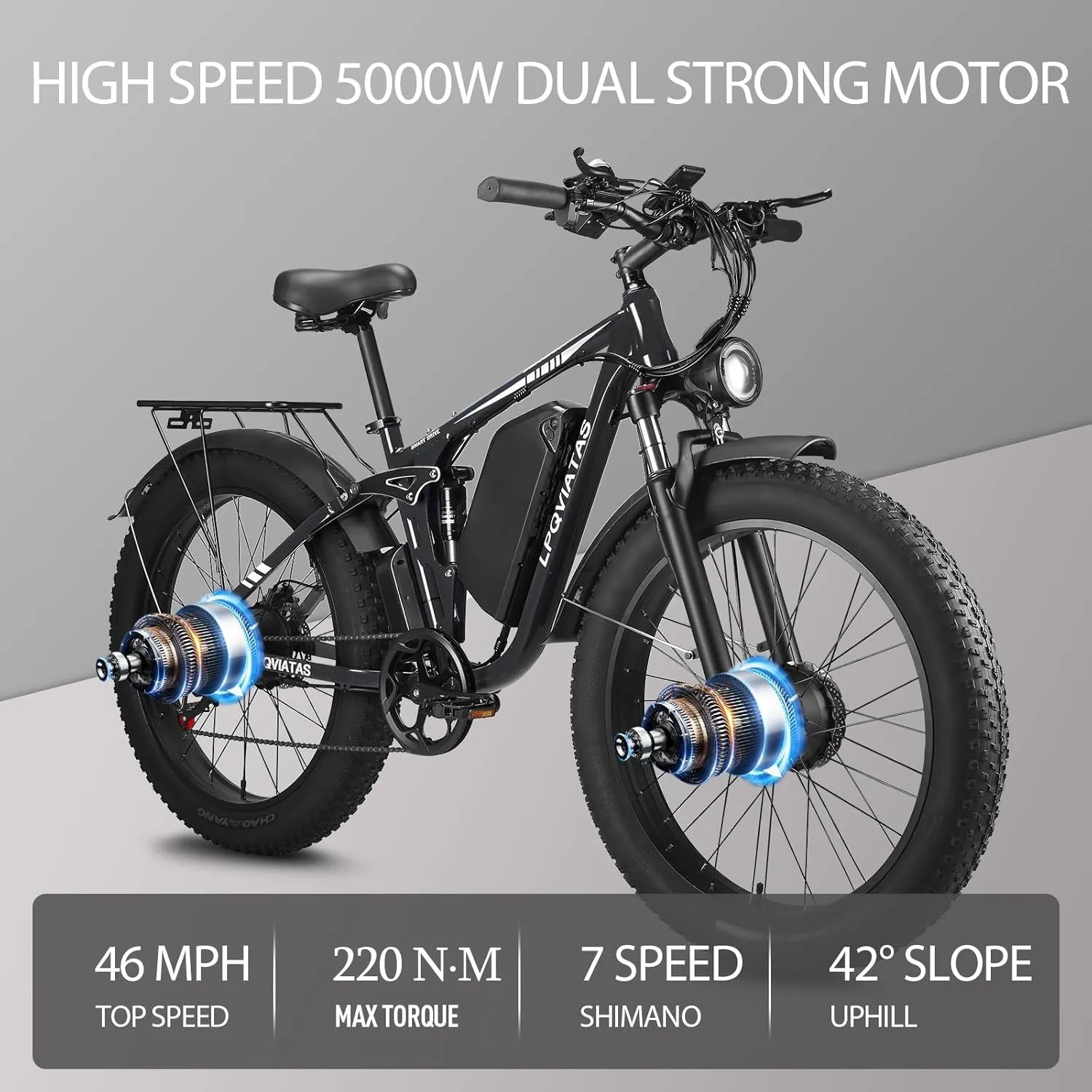 Peak 3000W/5000W Fat Tire Dual Motor Ebike 52V 23Ah/34Ah Battery,26"x4"/24”x4” Electric Mountain Bicycle for Adults Men 38MPH/46MPH Full Lockable Suspension Ebike 90 Miles/105 Mile Range（US Warehouse)
