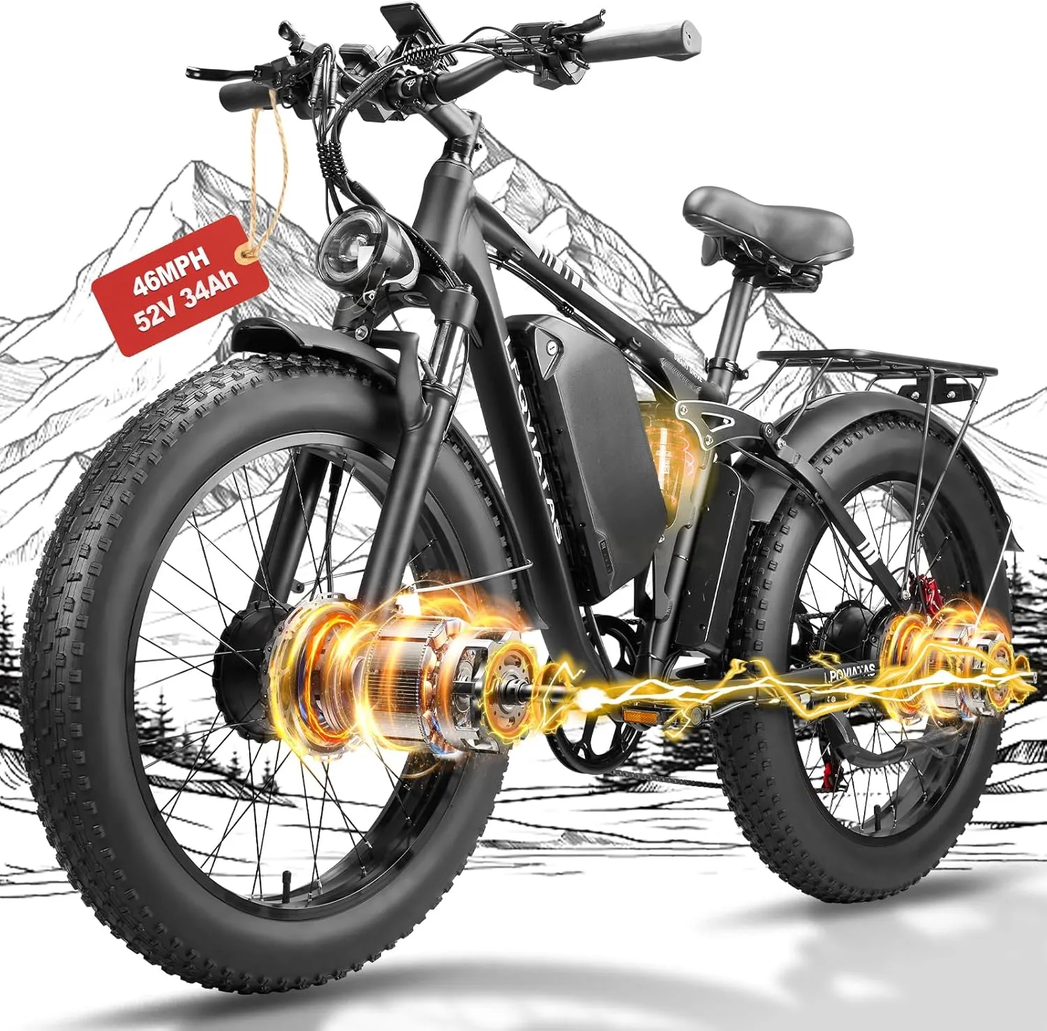 Peak 3000W/5000W Fat Tire Dual Motor Ebike 52V 23Ah/34Ah Battery,26"x4"/24”x4” Electric Mountain Bicycle for Adults Men 38MPH/46MPH Full Lockable Suspension Ebike 90 Miles/105 Mile Range（US Warehouse)