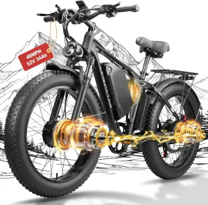 Peak 3000W/5000W Fat Tire Dual Motor Ebike 52V 23Ah/34Ah Battery,26"x4"/24”x4” Electric Mountain Bicycle for Adults Men 38MPH/46MPH Full Lockable Suspension Ebike 90 Miles/105 Mile Range（US Warehouse)
