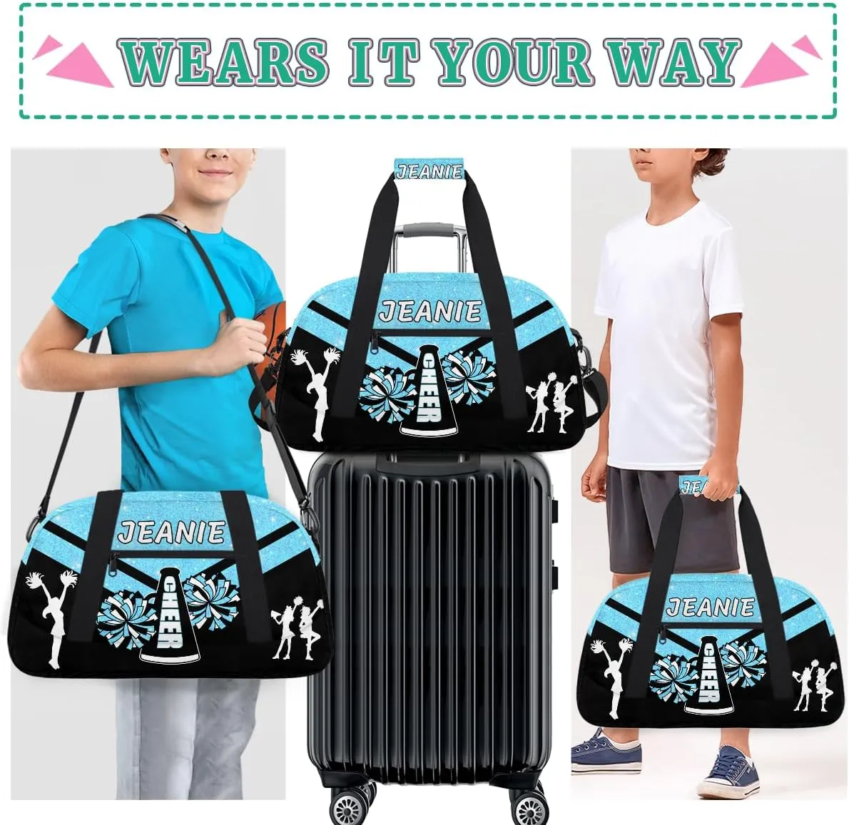 Personalize Cheer Duffel Bags with Custom Name & Text Sport Dance Gym Bags Garment Bags for Girls Kids Cheerleaders Overnight Weekender Travel Blue Glitter