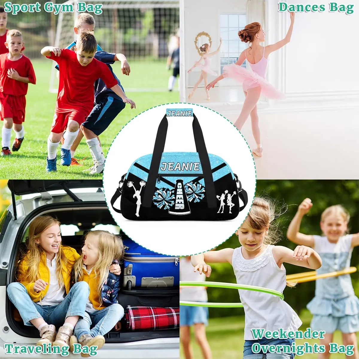 Personalize Cheer Duffel Bags with Custom Name & Text Sport Dance Gym Bags Garment Bags for Girls Kids Cheerleaders Overnight Weekender Travel Blue Glitter