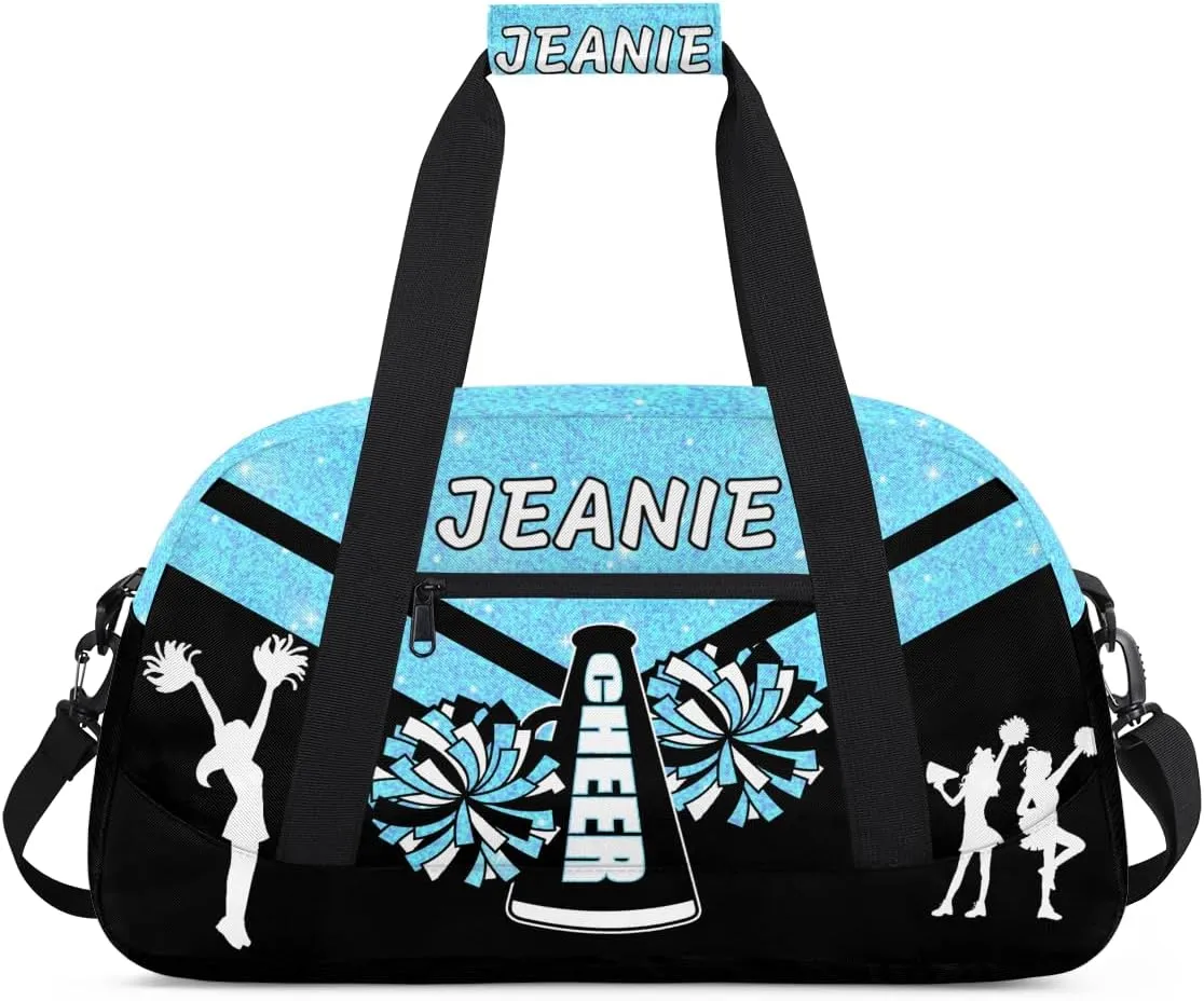 Personalize Cheer Duffel Bags with Custom Name & Text Sport Dance Gym Bags Garment Bags for Girls Kids Cheerleaders Overnight Weekender Travel Blue Glitter