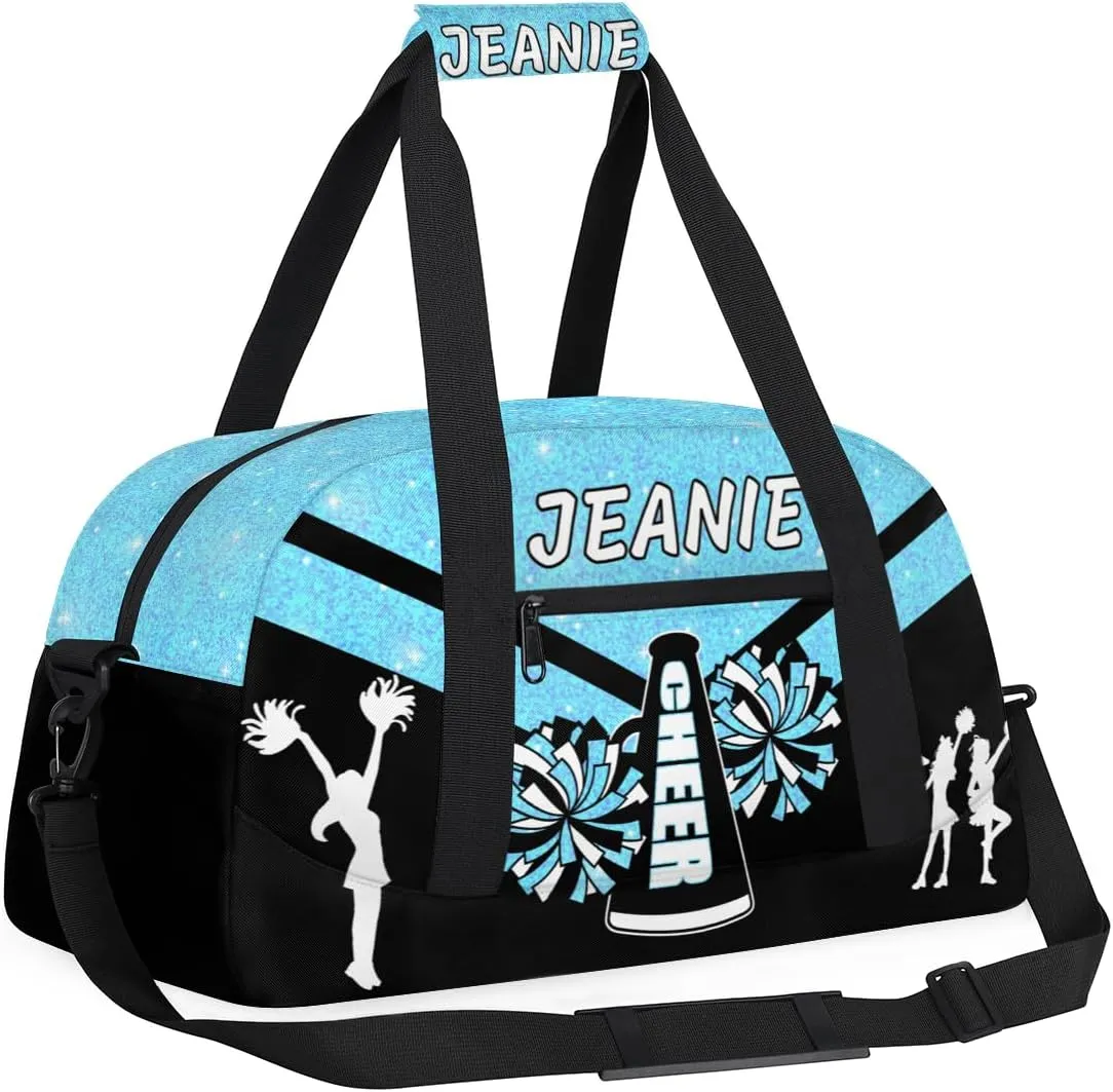 Personalize Cheer Duffel Bags with Custom Name & Text Sport Dance Gym Bags Garment Bags for Girls Kids Cheerleaders Overnight Weekender Travel Blue Glitter