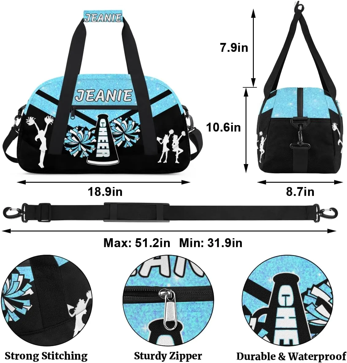 Personalize Cheer Duffel Bags with Custom Name & Text Sport Dance Gym Bags Garment Bags for Girls Kids Cheerleaders Overnight Weekender Travel Blue Glitter