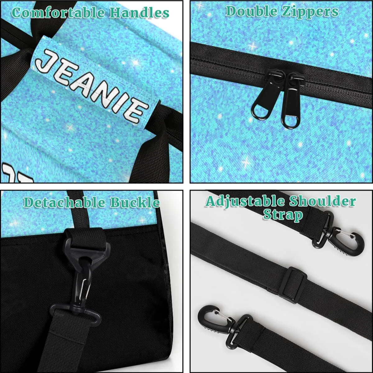 Personalize Cheer Duffel Bags with Custom Name & Text Sport Dance Gym Bags Garment Bags for Girls Kids Cheerleaders Overnight Weekender Travel Blue Glitter