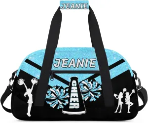 Personalize Cheer Duffel Bags with Custom Name & Text Sport Dance Gym Bags Garment Bags for Girls Kids Cheerleaders Overnight Weekender Travel Blue Glitter