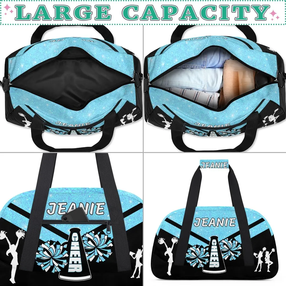 Personalize Cheer Duffel Bags with Custom Name & Text Sport Dance Gym Bags Garment Bags for Girls Kids Cheerleaders Overnight Weekender Travel Blue Glitter