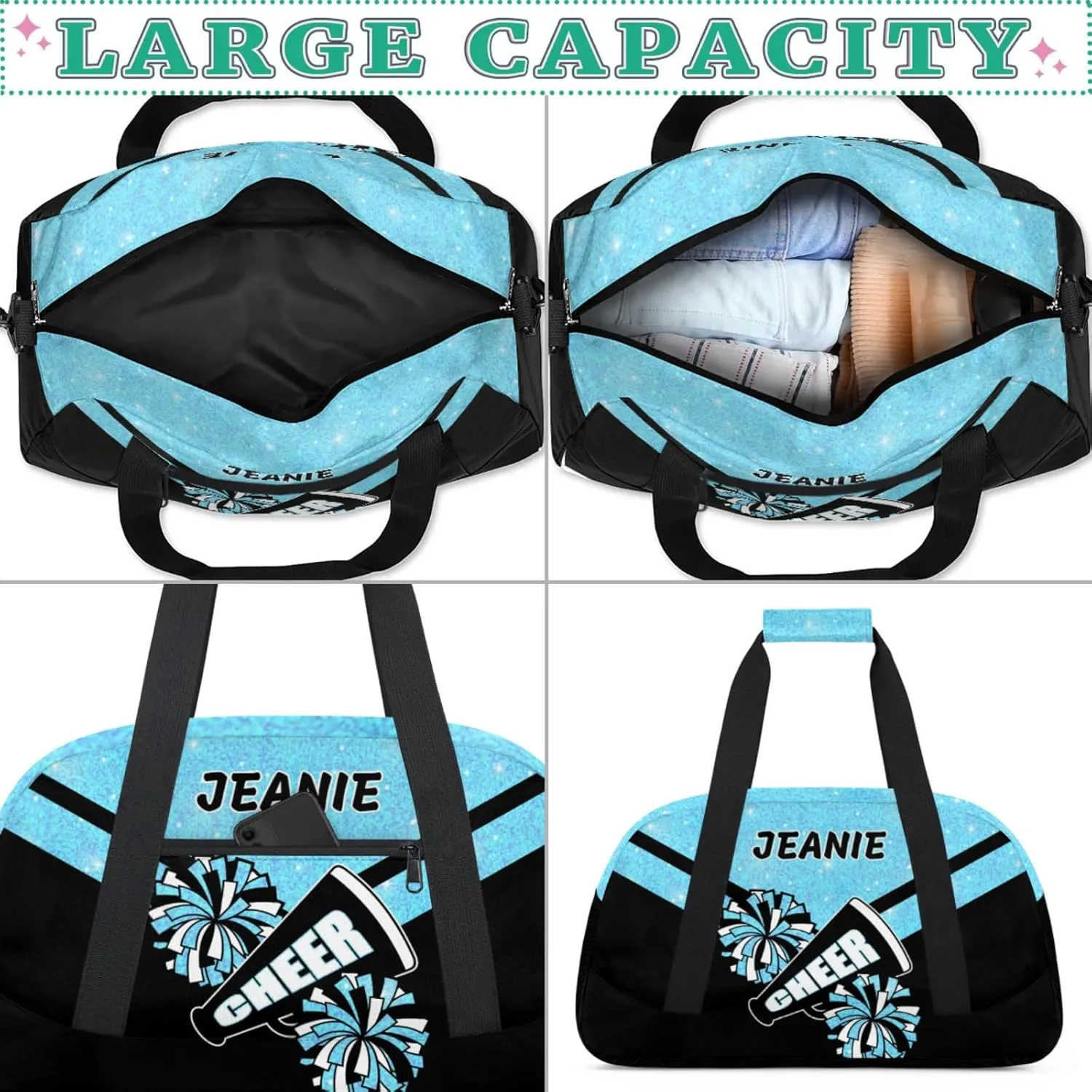 Personalize Cheer Duffel Bags with Custom Name & Text Sport Dance Gym Bags Garment Bags Gift for Girls Kids Cheerleaders Overnight Weekender Travel Blue Glitter