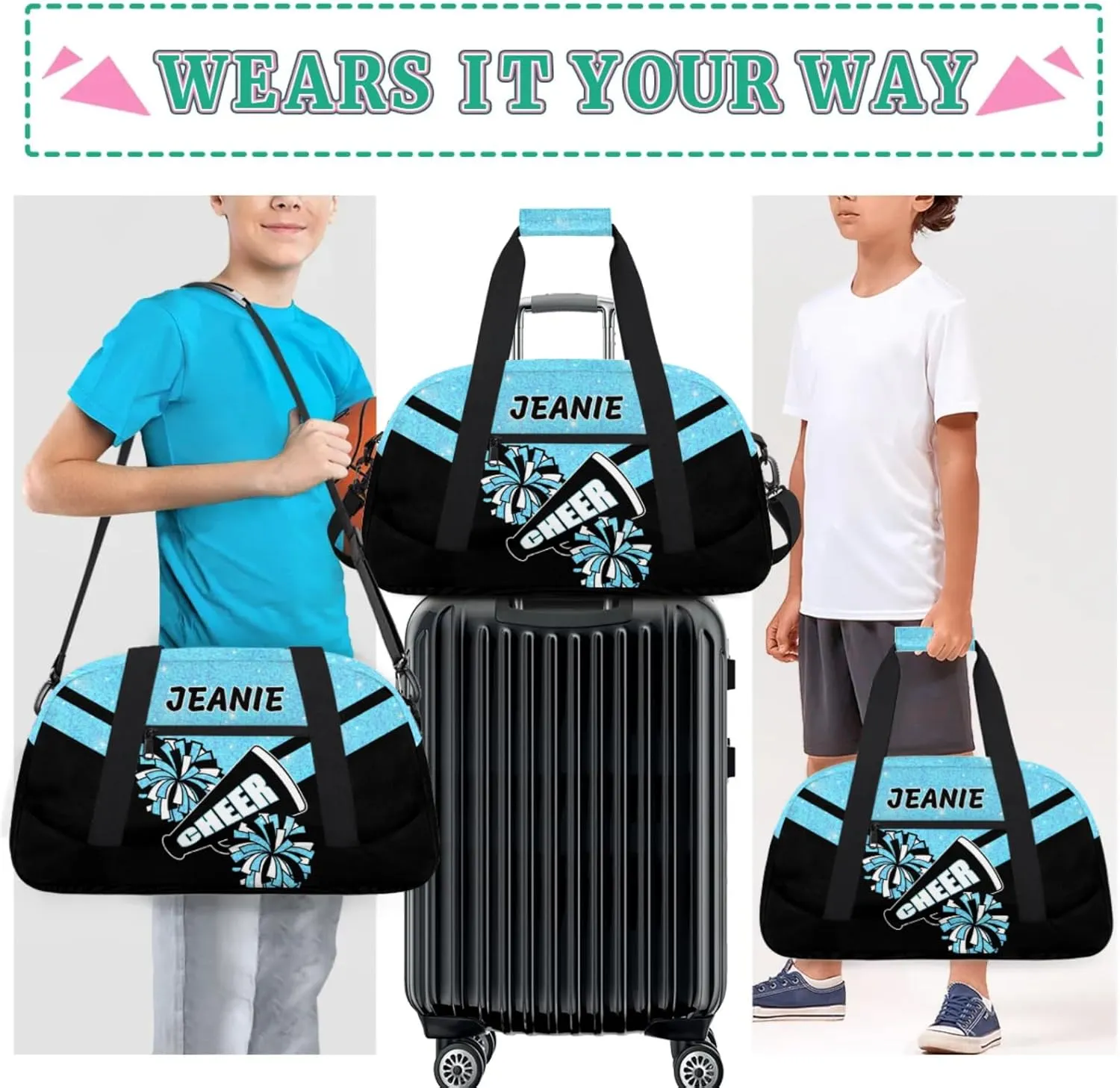 Personalize Cheer Duffel Bags with Custom Name & Text Sport Dance Gym Bags Garment Bags Gift for Girls Kids Cheerleaders Overnight Weekender Travel Blue Glitter