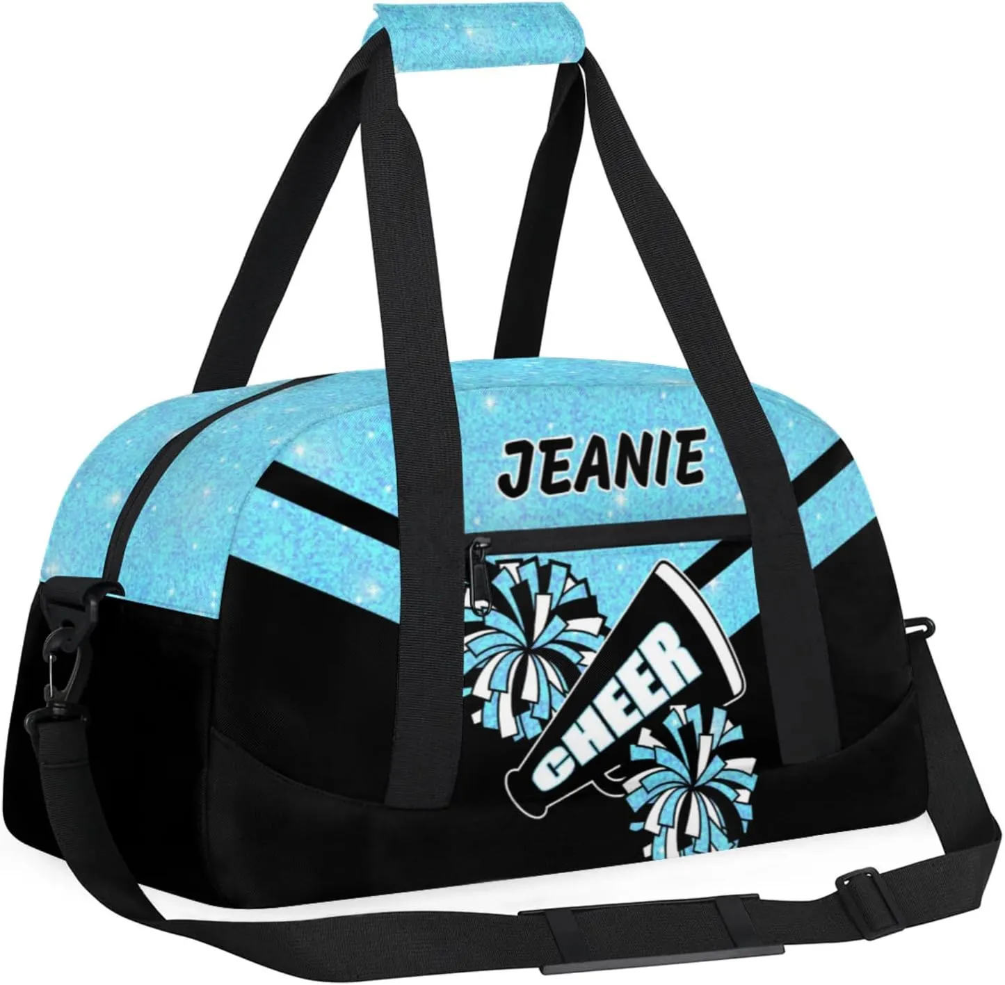 Personalize Cheer Duffel Bags with Custom Name & Text Sport Dance Gym Bags Garment Bags Gift for Girls Kids Cheerleaders Overnight Weekender Travel Blue Glitter