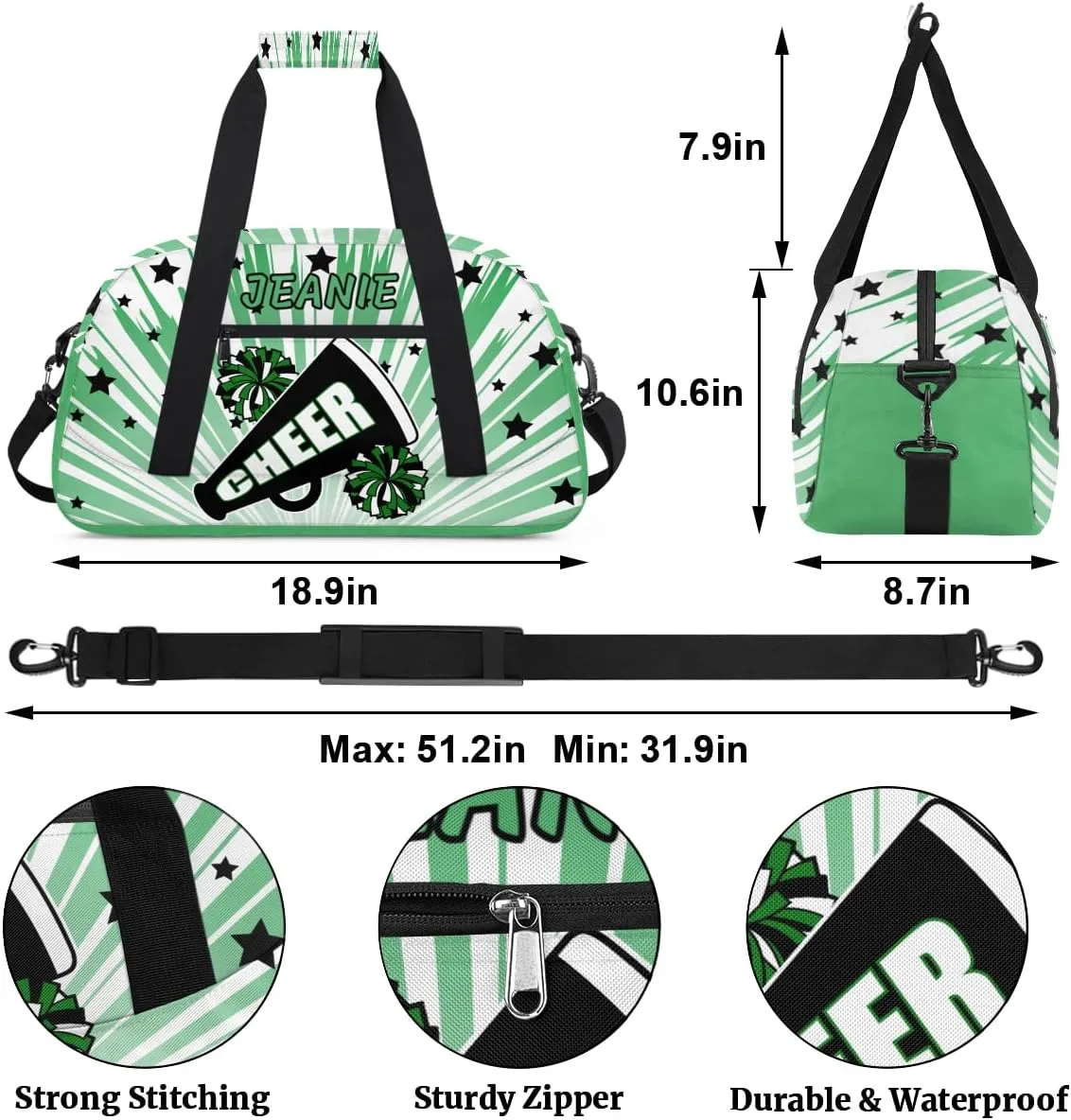 Personalize Cheer Duffel Bags with Custom Name & Text Sport Dance Gym Bags Garment Bags Gift for Girls Kids Cheerleaders Overnight Weekender Travel Indigo Glow 4