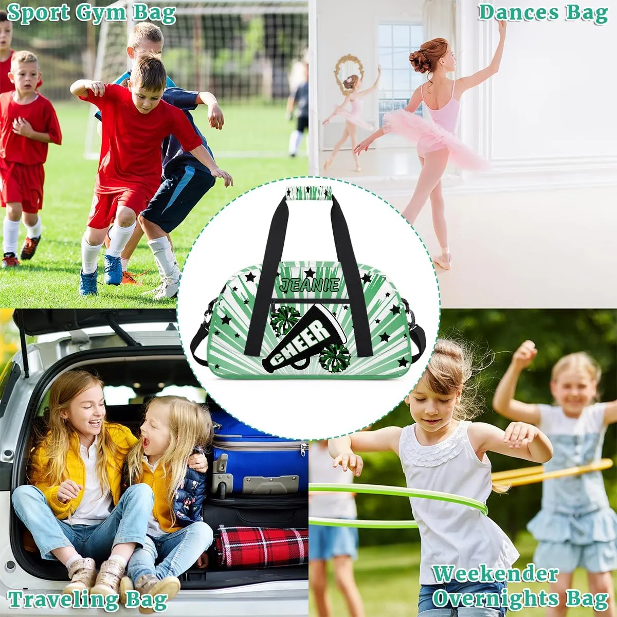 Personalize Cheer Duffel Bags with Custom Name & Text Sport Dance Gym Bags Garment Bags Gift for Girls Kids Cheerleaders Overnight Weekender Travel Indigo Glow 4