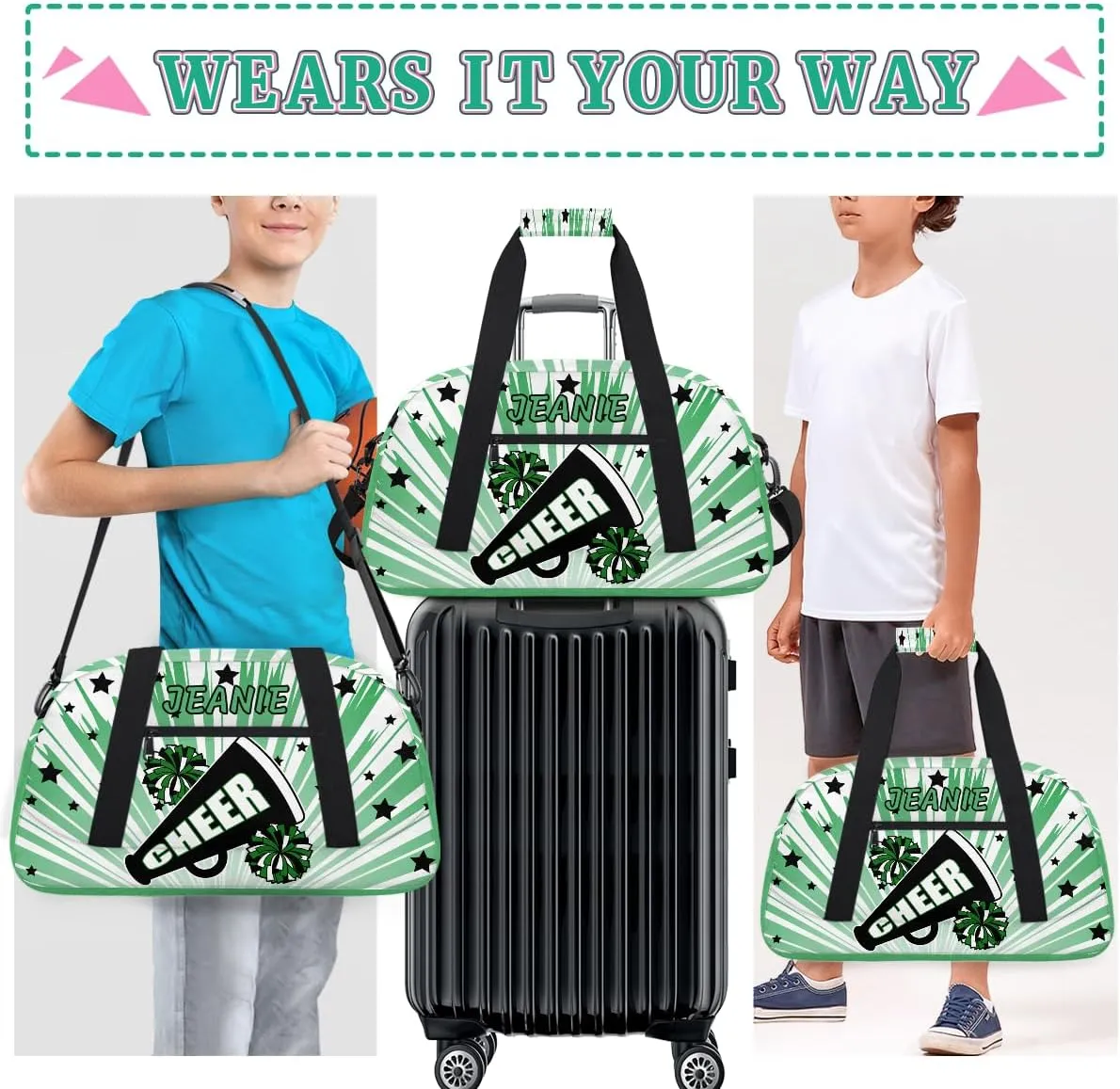 Personalize Cheer Duffel Bags with Custom Name & Text Sport Dance Gym Bags Garment Bags Gift for Girls Kids Cheerleaders Overnight Weekender Travel Indigo Glow 4