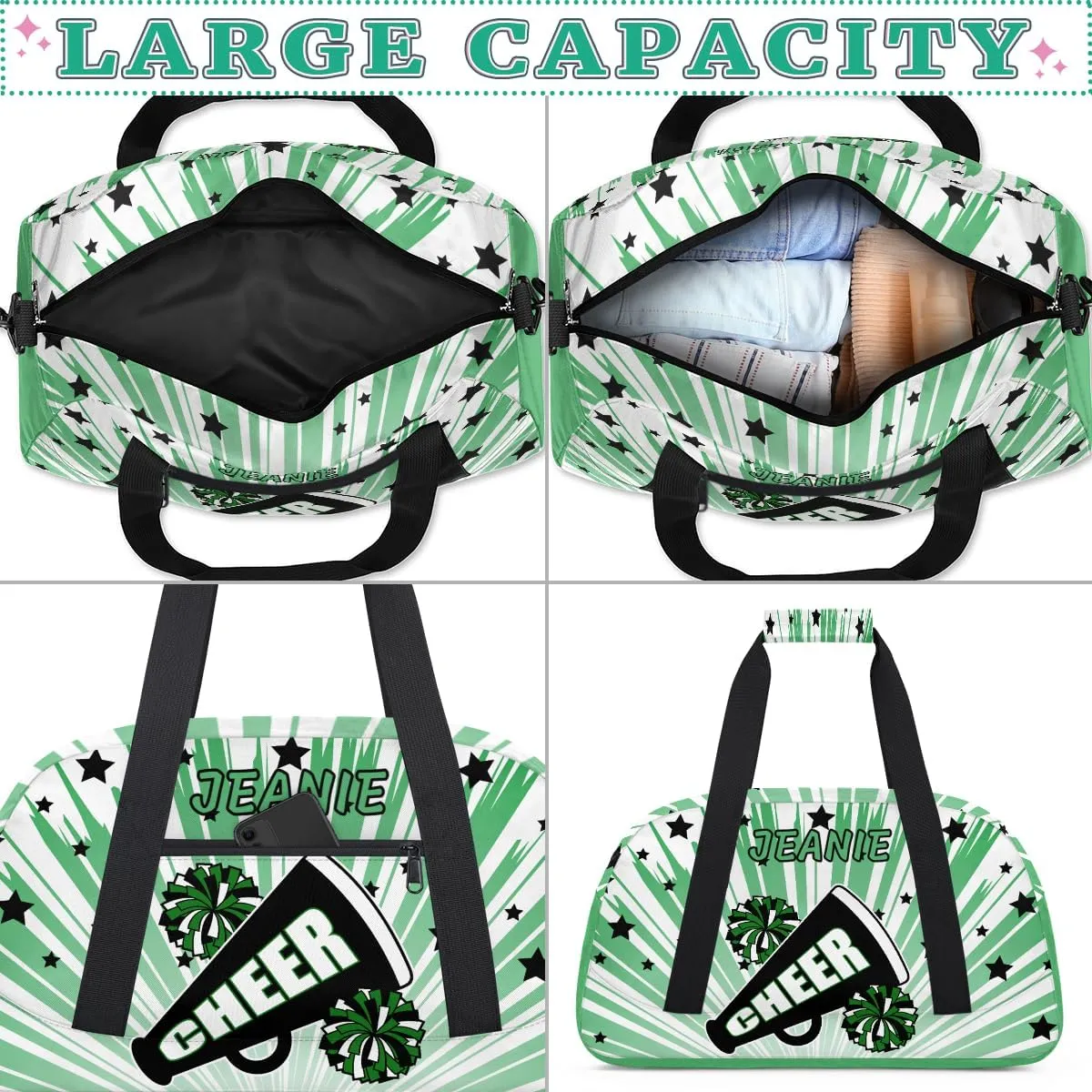 Personalize Cheer Duffel Bags with Custom Name & Text Sport Dance Gym Bags Garment Bags Gift for Girls Kids Cheerleaders Overnight Weekender Travel Indigo Glow 4