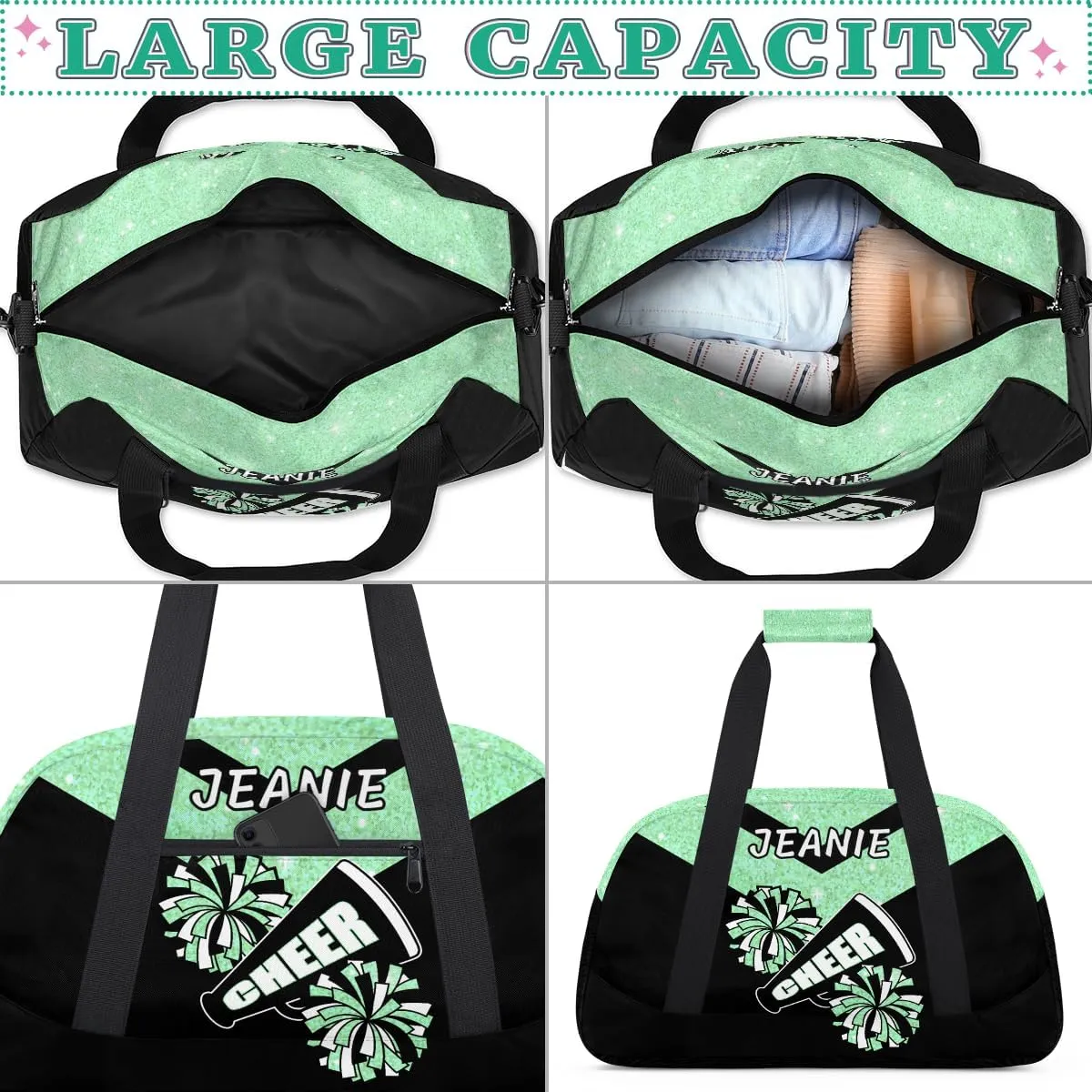 Personalize Cheer Duffel Bags with Custom Name & Text Sport Dance Gym Bags Garment Bags Gift for Girls Kids Cheerleaders Overnight Weekender Travel Indigo Sequins