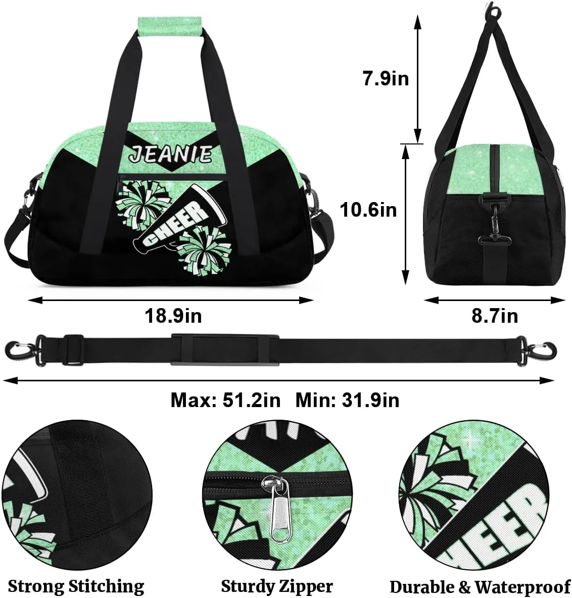 Personalize Cheer Duffel Bags with Custom Name & Text Sport Dance Gym Bags Garment Bags Gift for Girls Kids Cheerleaders Overnight Weekender Travel Indigo Sequins