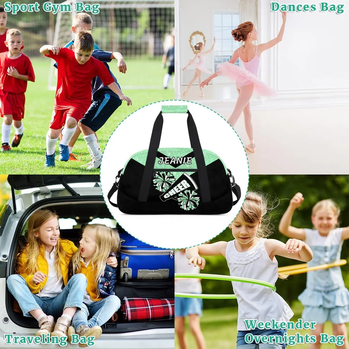 Personalize Cheer Duffel Bags with Custom Name & Text Sport Dance Gym Bags Garment Bags Gift for Girls Kids Cheerleaders Overnight Weekender Travel Indigo Sequins