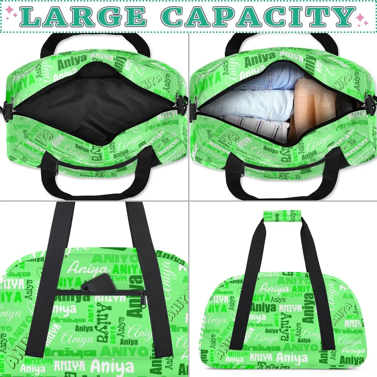 Personalized Dance Bag for Girls Boys Kids, Custom Gym Bag Overnight Small Duffel Bag with Padded Handles Carry On Weekend Sports Travel Bag for School Practice, Dense Text Green