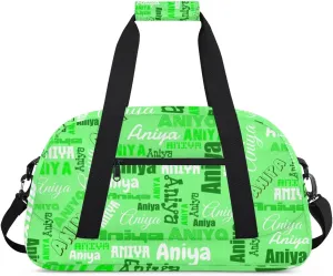 Personalized Dance Bag for Girls Boys Kids, Custom Gym Bag Overnight Small Duffel Bag with Padded Handles Carry On Weekend Sports Travel Bag for School Practice, Dense Text Green