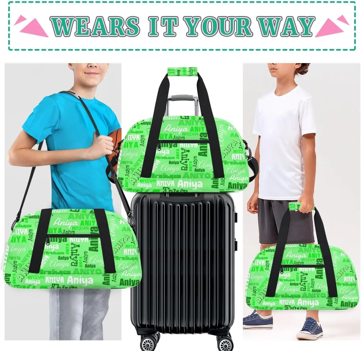 Personalized Dance Bag for Girls Boys Kids, Custom Gym Bag Overnight Small Duffel Bag with Padded Handles Carry On Weekend Sports Travel Bag for School Practice, Dense Text Green