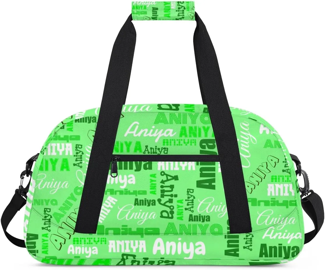 Personalized Dance Bag for Girls Boys Kids, Custom Gym Bag Overnight Small Duffel Bag with Padded Handles Carry On Weekend Sports Travel Bag for School Practice, Dense Text Green