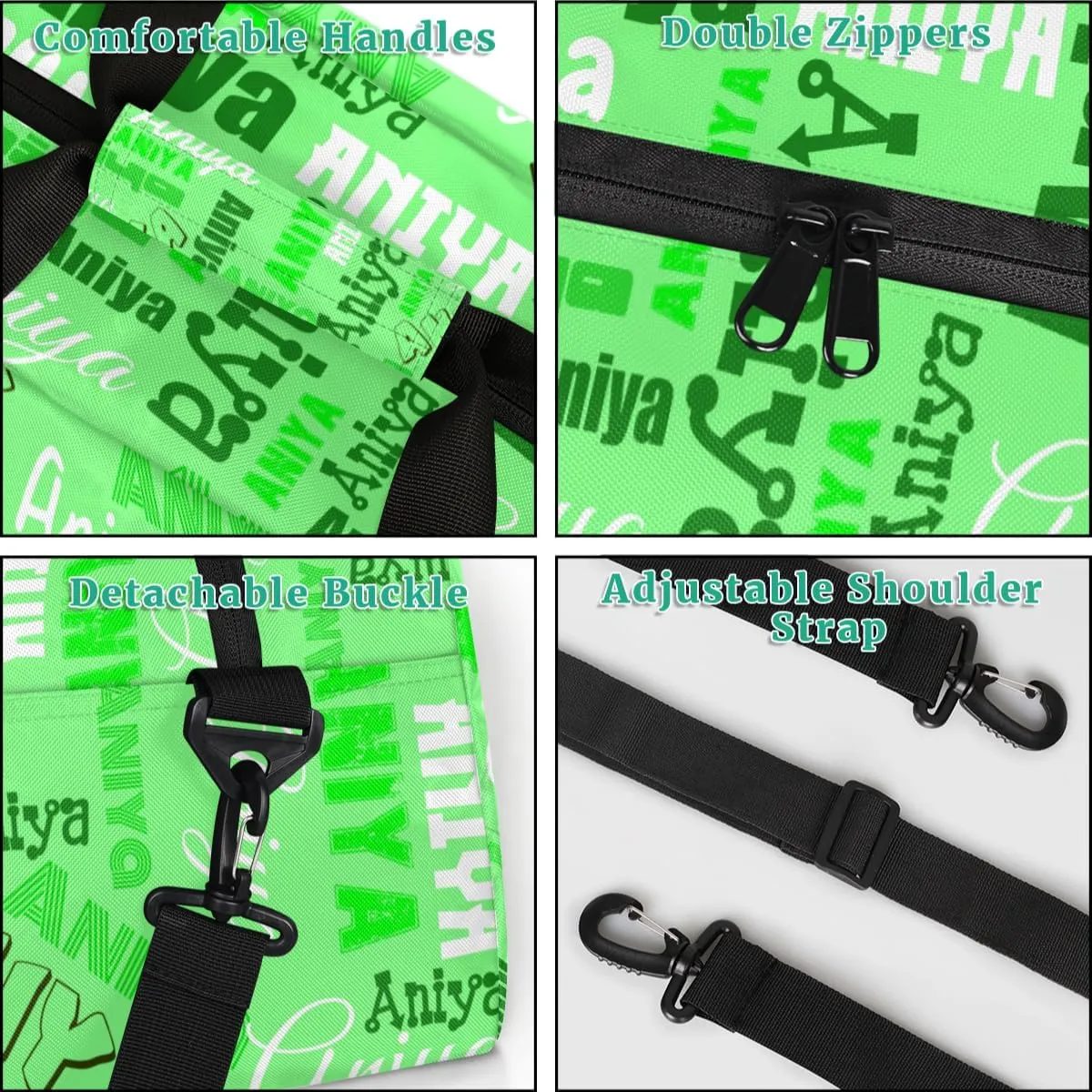 Personalized Dance Bag for Girls Boys Kids, Custom Gym Bag Overnight Small Duffel Bag with Padded Handles Carry On Weekend Sports Travel Bag for School Practice, Dense Text Green