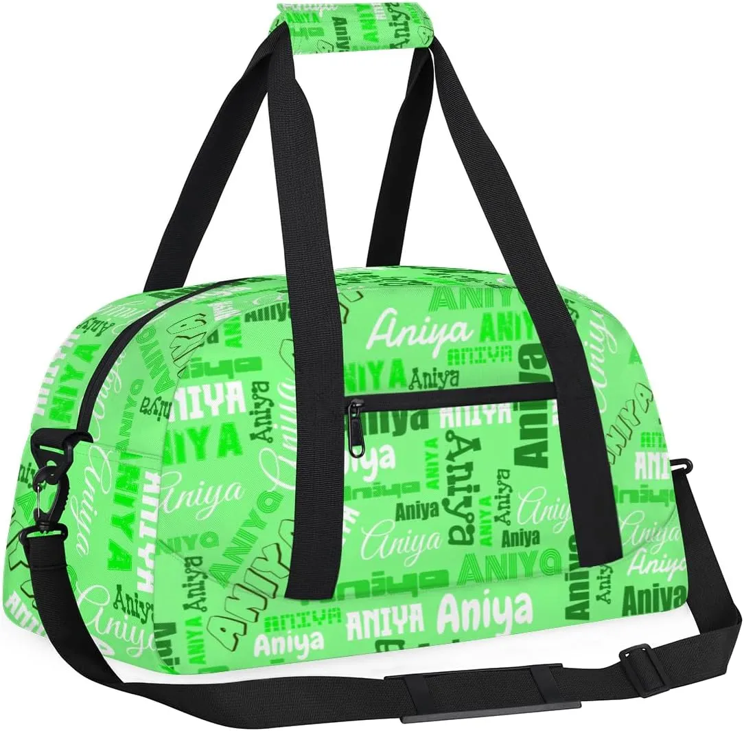 Personalized Dance Bag for Girls Boys Kids, Custom Gym Bag Overnight Small Duffel Bag with Padded Handles Carry On Weekend Sports Travel Bag for School Practice, Dense Text Green
