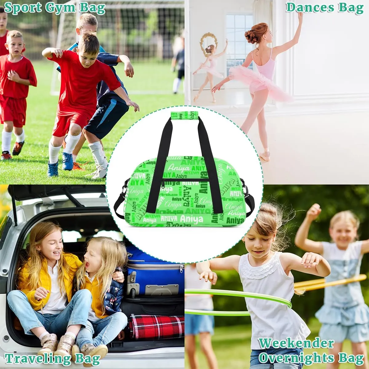 Personalized Dance Bag for Girls Boys Kids, Custom Gym Bag Overnight Small Duffel Bag with Padded Handles Carry On Weekend Sports Travel Bag for School Practice, Dense Text Green