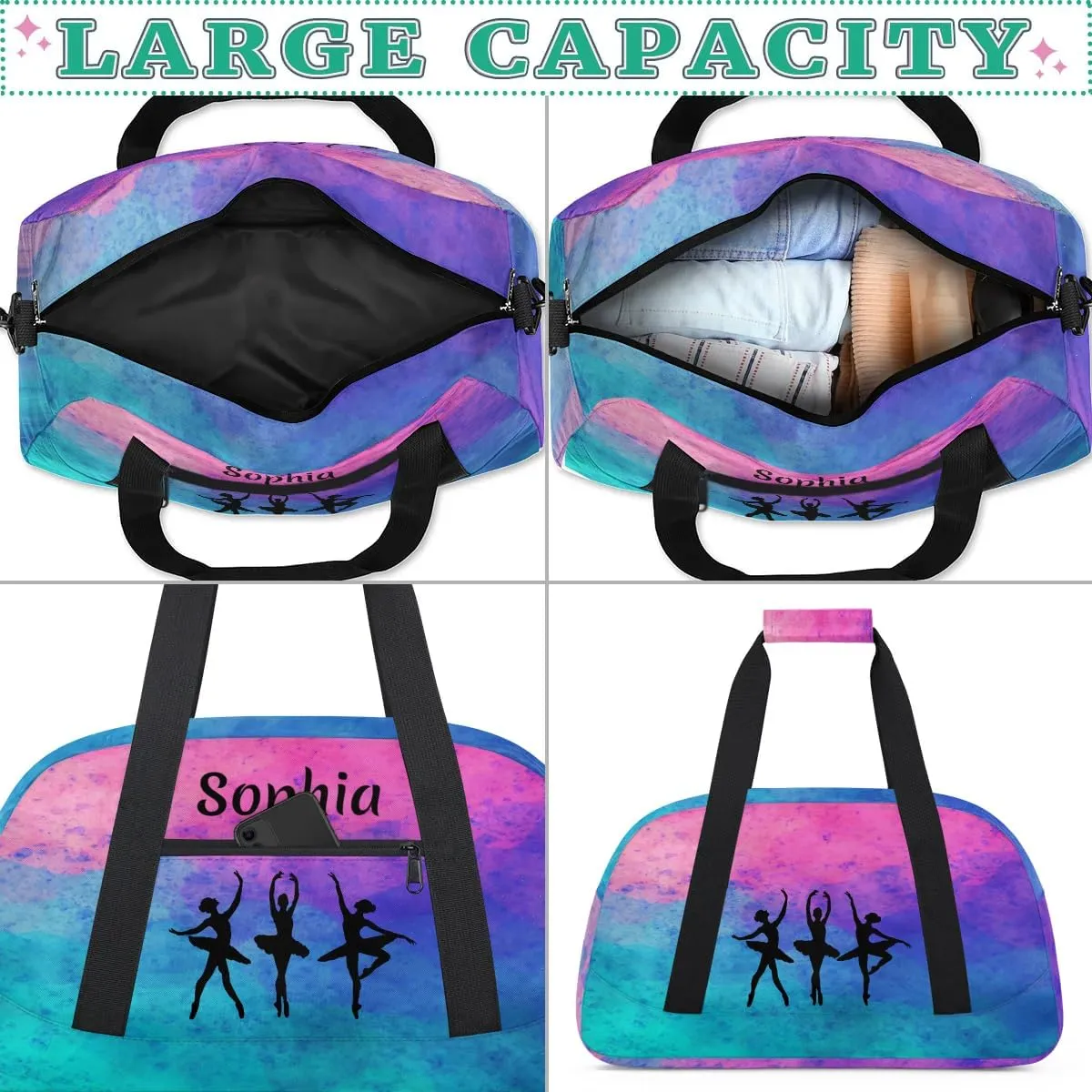 Personalized Dance Bag Girl Sport Duffel Bag, Custom Kids Gym Bag, Customize Travel Duffle Bag with Name, Overnight Weekender Bags,Watercolor Gradient Hotpink, Dance Gifts