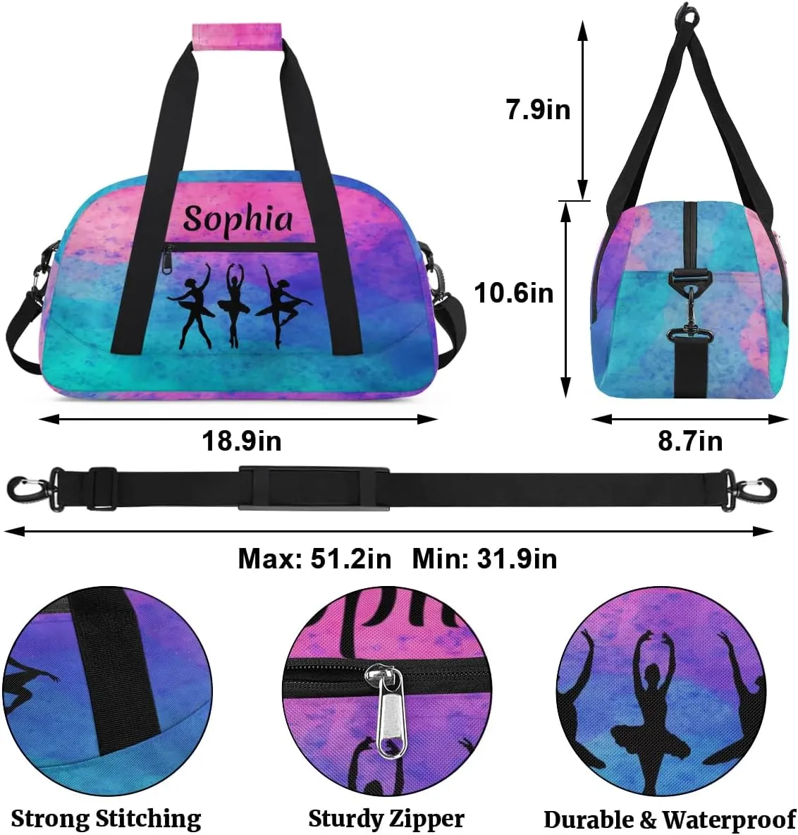 Personalized Dance Bag Girl Sport Duffel Bag, Custom Kids Gym Bag, Customize Travel Duffle Bag with Name, Overnight Weekender Bags,Watercolor Gradient Hotpink, Dance Gifts