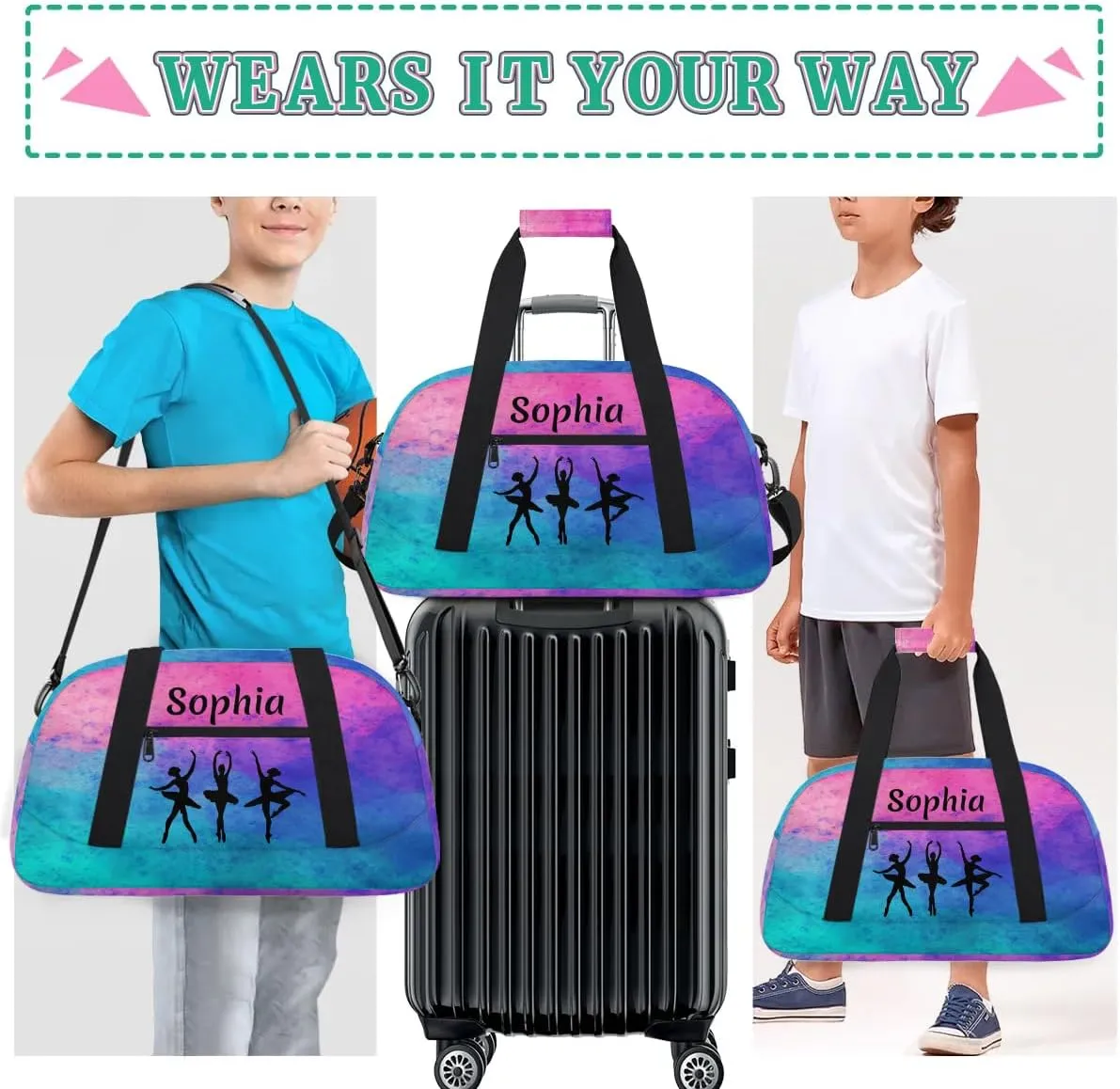 Personalized Dance Bag Girl Sport Duffel Bag, Custom Kids Gym Bag, Customize Travel Duffle Bag with Name, Overnight Weekender Bags,Watercolor Gradient Hotpink, Dance Gifts