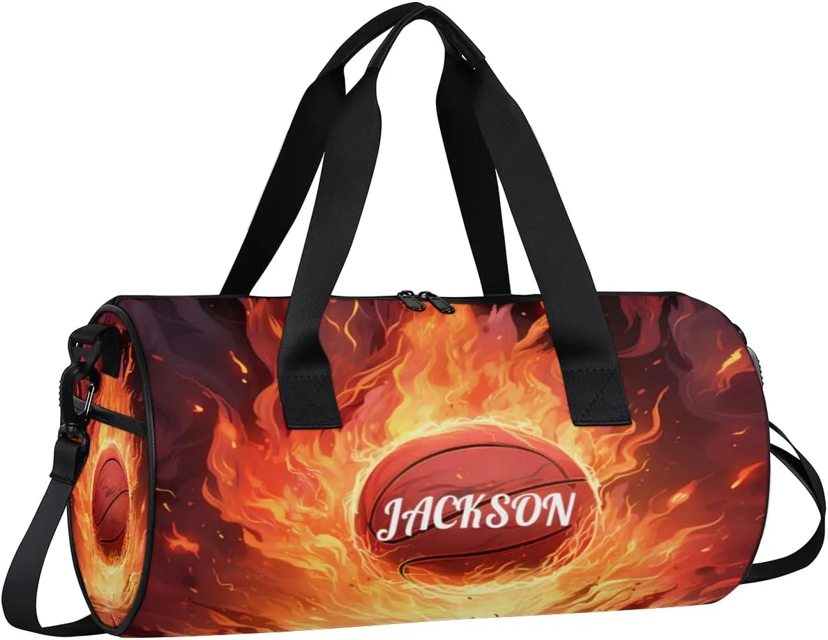 Personalized Dance Bag Gym Bag for Girls Boys, Personalized Custom Sports Gym Bag, Cylindrical Kids Travel Duffel Bags Weekender Overnight Bag for Teen Kids, Fire Sports Basketball