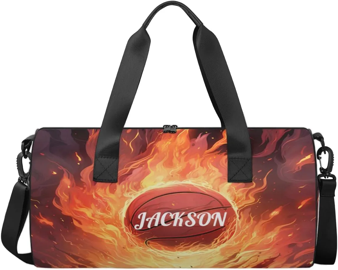 Personalized Dance Bag Gym Bag for Girls Boys, Personalized Custom Sports Gym Bag, Cylindrical Kids Travel Duffel Bags Weekender Overnight Bag for Teen Kids, Fire Sports Basketball