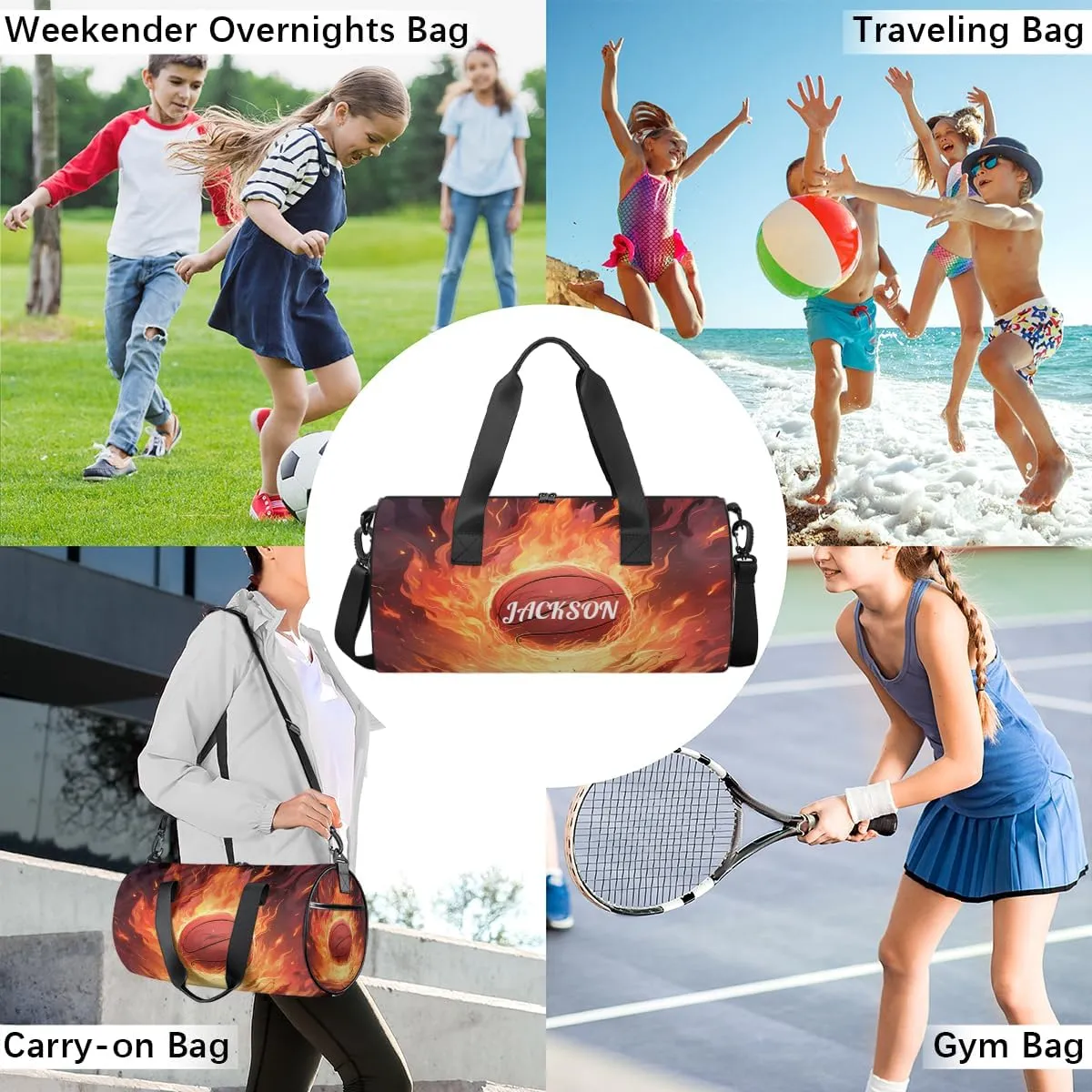 Personalized Dance Bag Gym Bag for Girls Boys, Personalized Custom Sports Gym Bag, Cylindrical Kids Travel Duffel Bags Weekender Overnight Bag for Teen Kids, Fire Sports Basketball