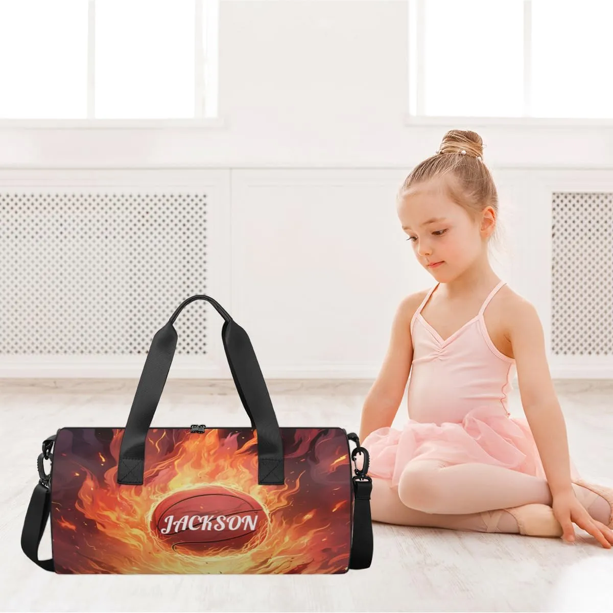 Personalized Dance Bag Gym Bag for Girls Boys, Personalized Custom Sports Gym Bag, Cylindrical Kids Travel Duffel Bags Weekender Overnight Bag for Teen Kids, Fire Sports Basketball