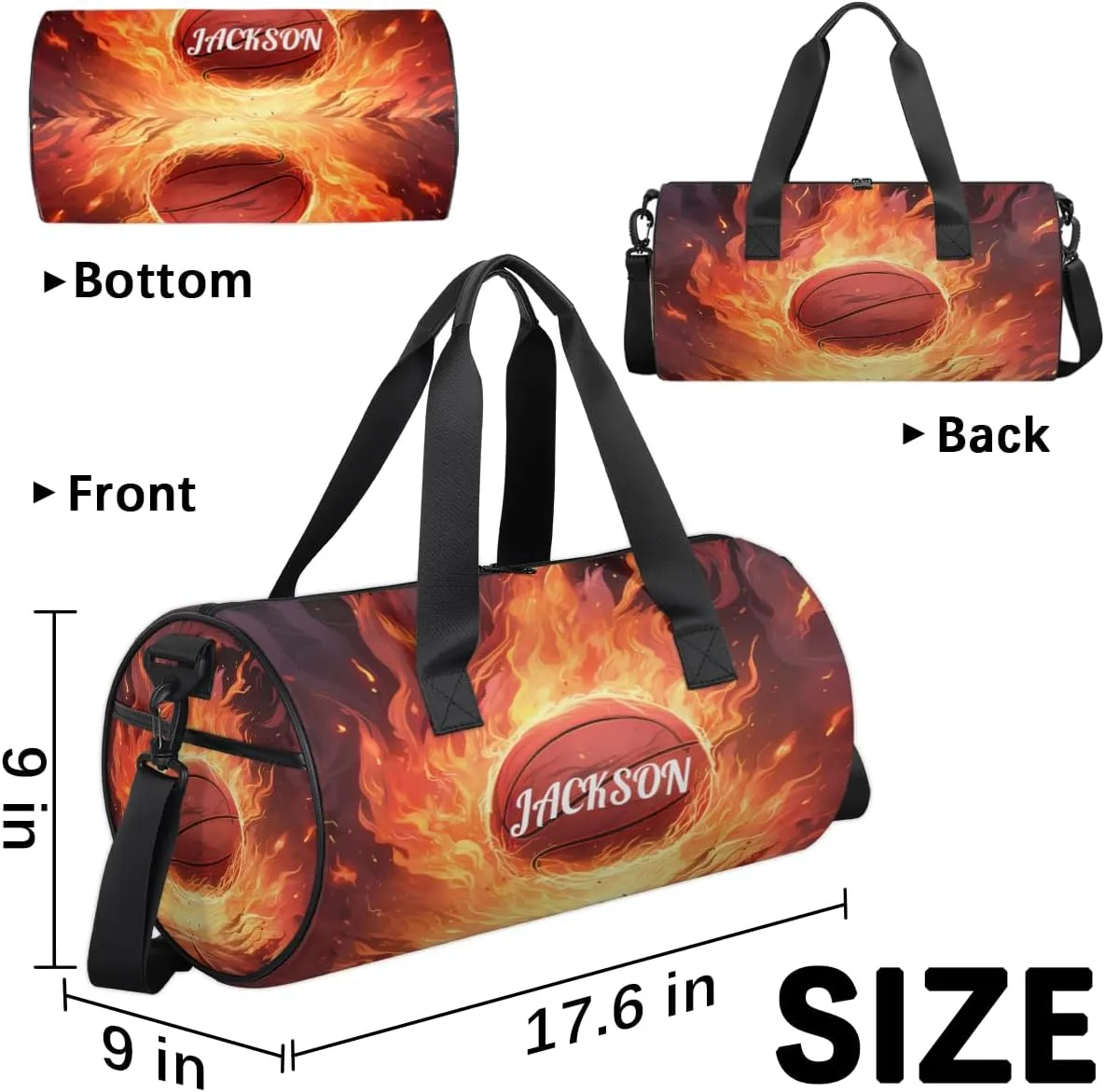 Personalized Dance Bag Gym Bag for Girls Boys, Personalized Custom Sports Gym Bag, Cylindrical Kids Travel Duffel Bags Weekender Overnight Bag for Teen Kids, Fire Sports Basketball