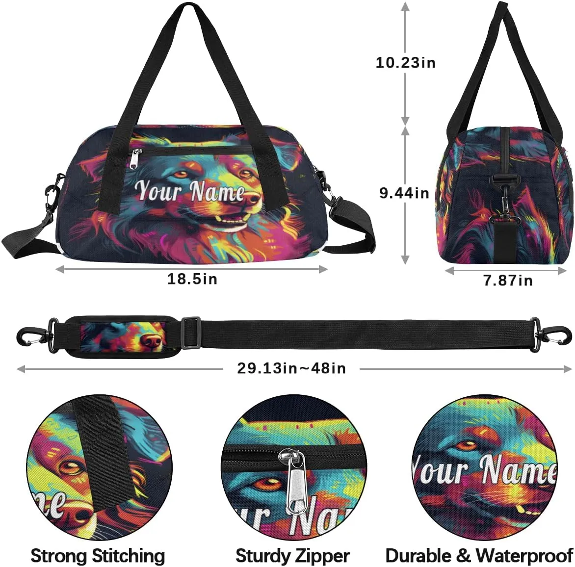 Personalized Kids Duffel Bag Art Painting Dog,Custom Sport Gym Bag for Boys Girls,WWeekender Overnight Bags Travel Duffel Bag,Customized Kids Gift