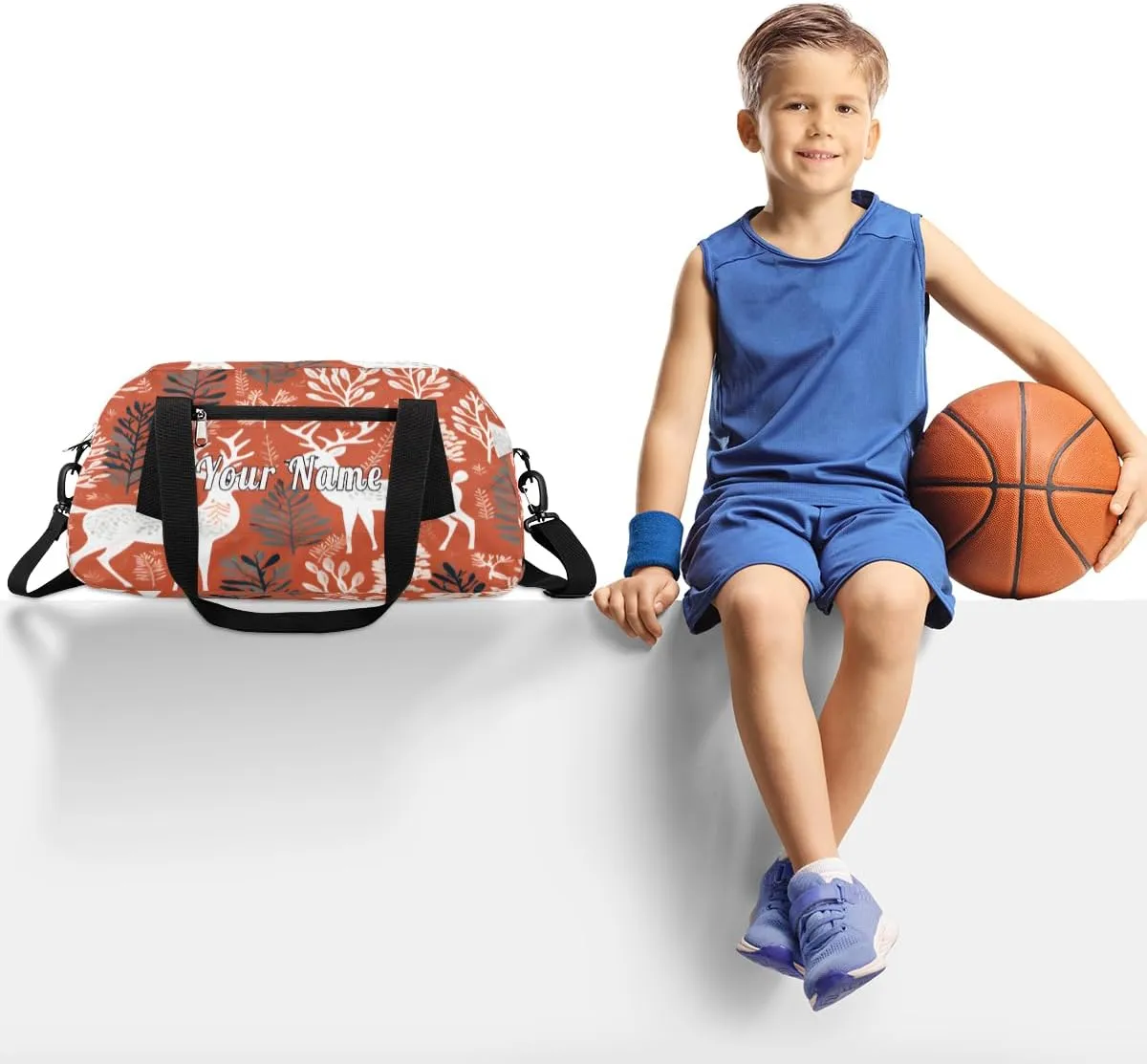 Personalized Kids Duffel Bag Christmas Deer Forest Tree,Custom Sport Gym Bag for Boys Girls,WWeekender Overnight Bags Travel Duffel Bag,Customized Kids Gift