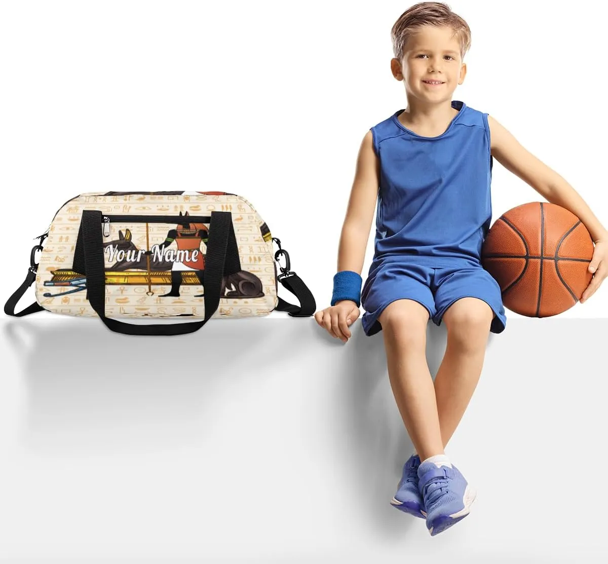 Personalized Kids Duffel Bag Egypt Anubis Hieroglyph,Custom Sport Gym Bag for Boys Girls,WWeekender Overnight Bags Travel Duffel Bag,Customized Kids Gift