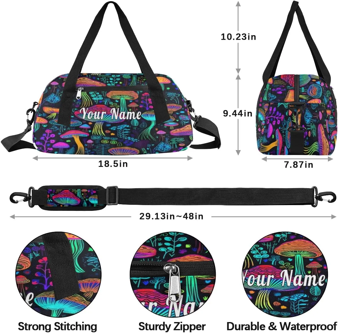 Personalized Kids Duffel Bag Fantasy Colorful Mushroom Pattern,Custom Sport Gym Bag for Boys Girls,WWeekender Overnight Bags Travel Duffel Bag,Customized Kids Gift