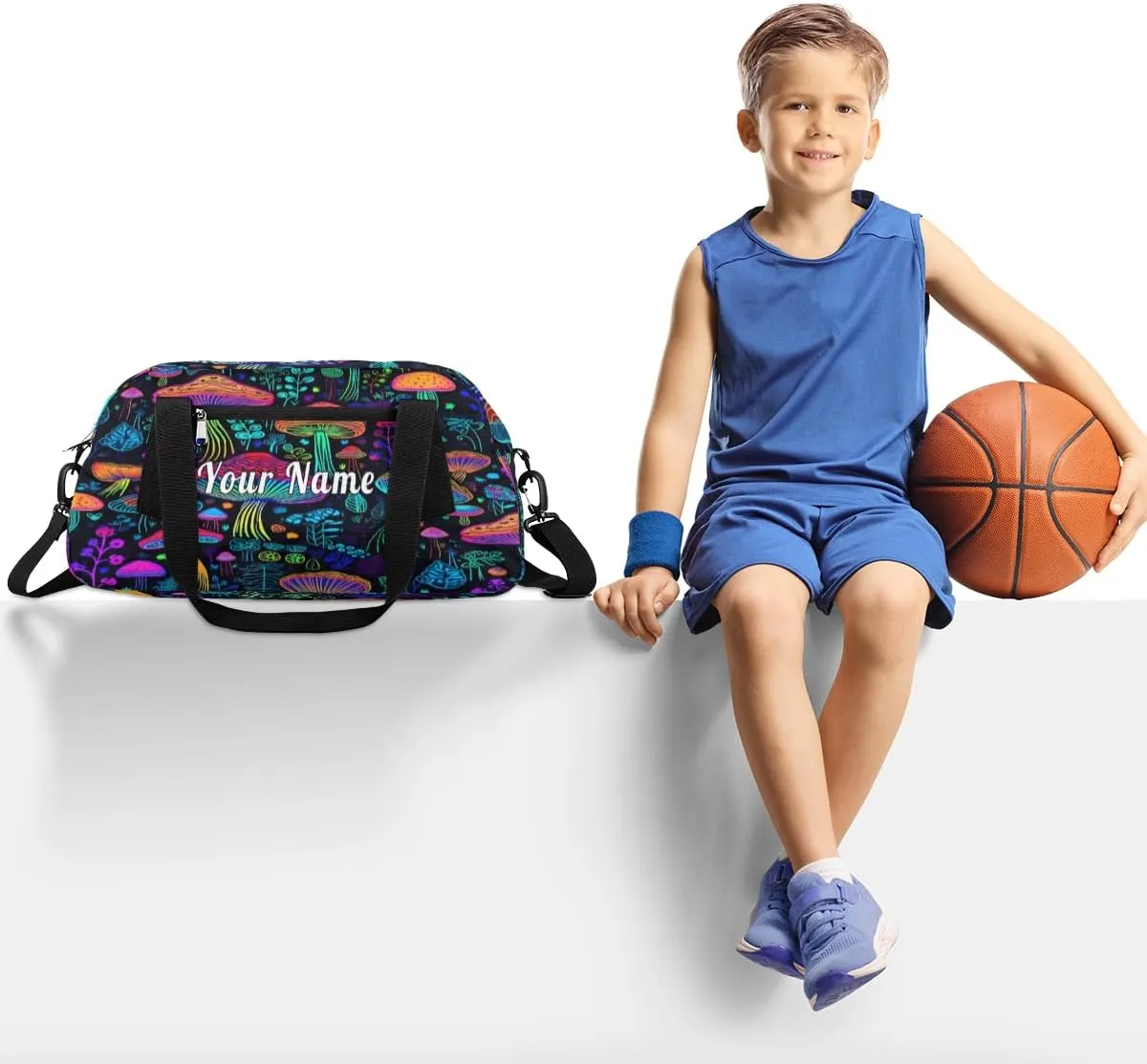 Personalized Kids Duffel Bag Fantasy Colorful Mushroom Pattern,Custom Sport Gym Bag for Boys Girls,WWeekender Overnight Bags Travel Duffel Bag,Customized Kids Gift
