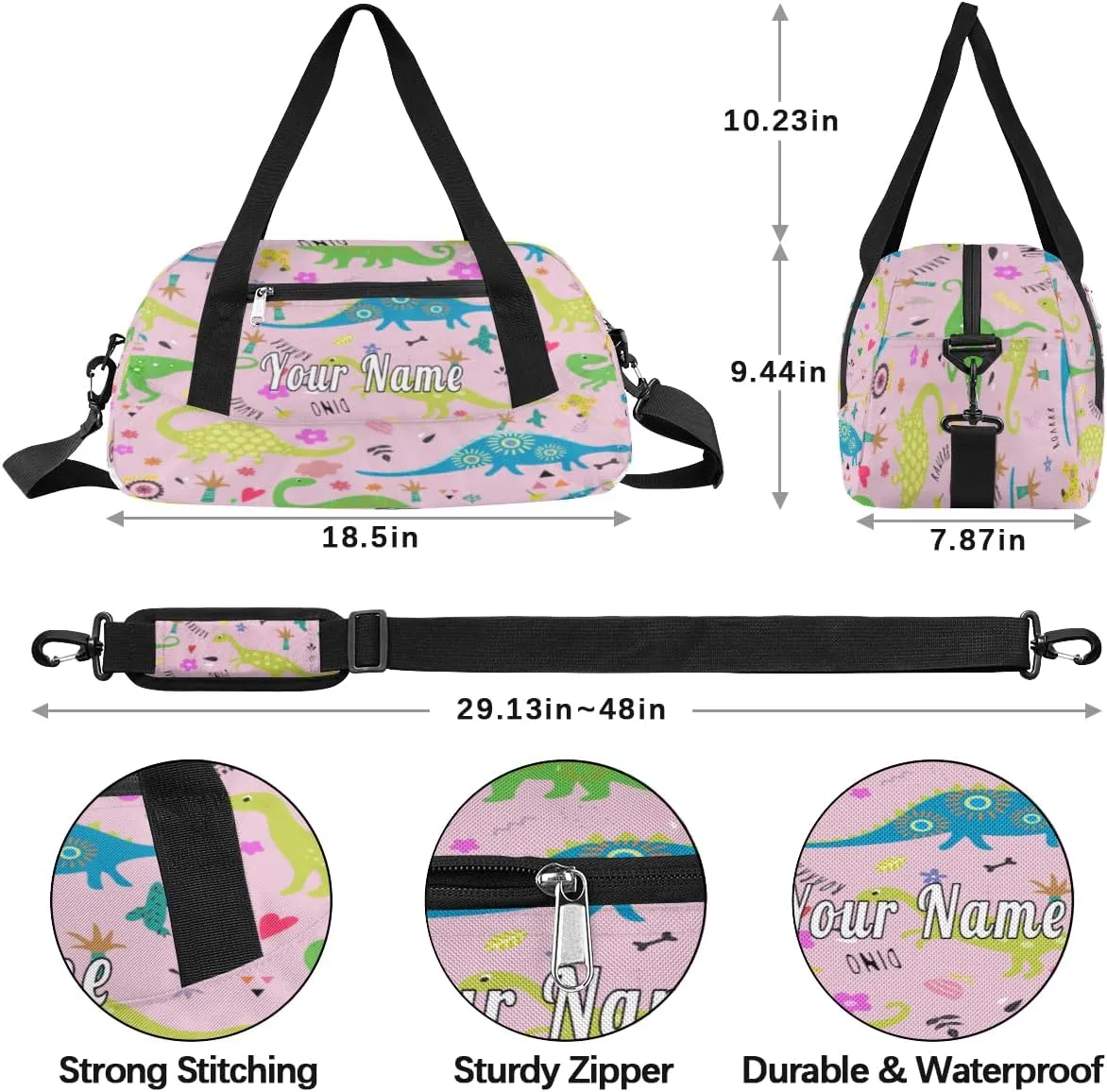 Personalized Kids Duffel Bag Funny Dinosaur Pattern,Custom Sport Gym Bag for Boys Girls,WWeekender Overnight Bags Travel Duffel Bag,Customized Kids Gift