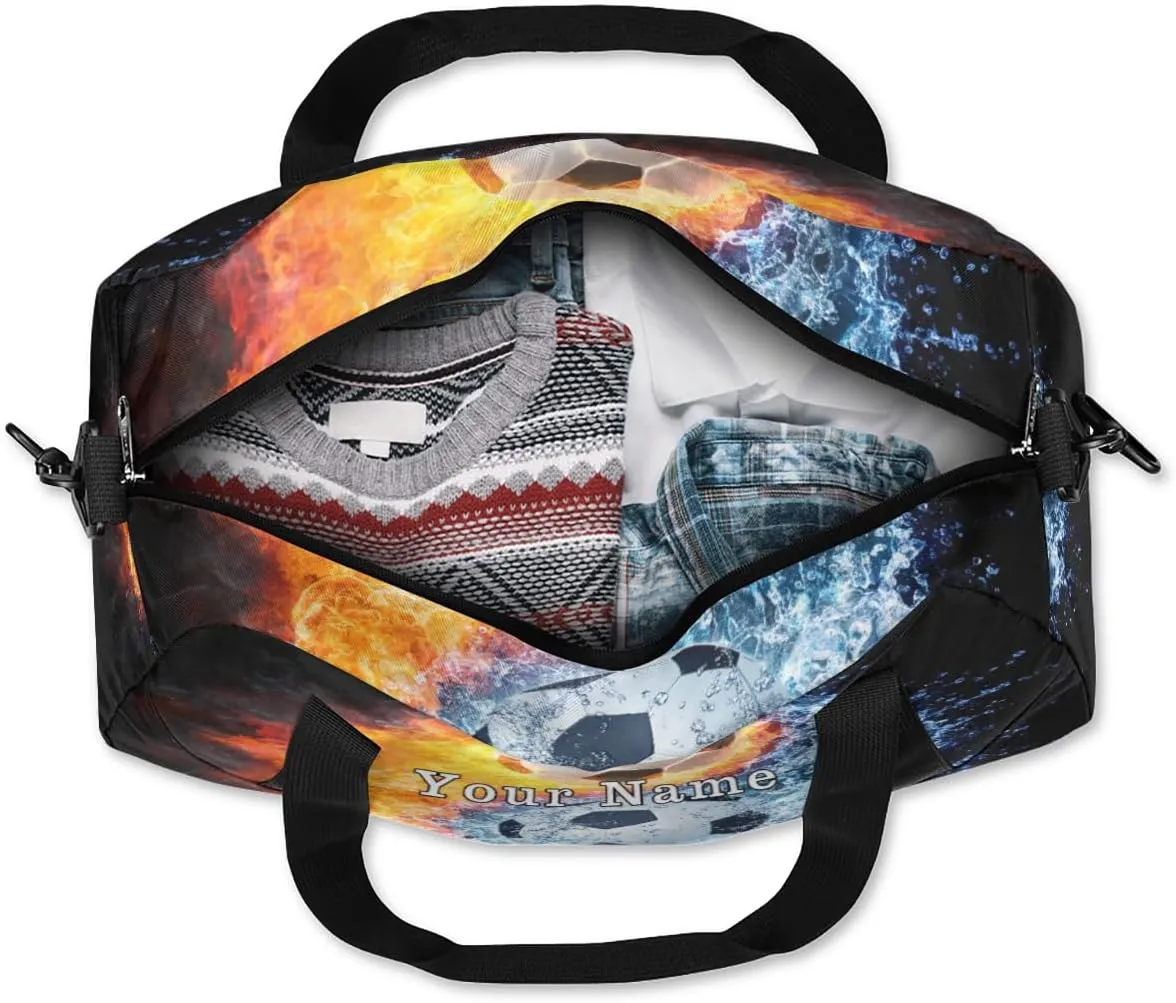 Personalized Kids Duffel Bag Ice Fire Football Soccer,Custom Sport Gym Bag for Boys Girls,WWeekender Overnight Bags Travel Duffel Bag,Customized Kids Gift