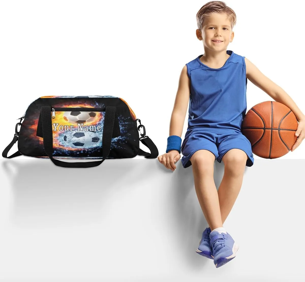 Personalized Kids Duffel Bag Ice Fire Football Soccer,Custom Sport Gym Bag for Boys Girls,WWeekender Overnight Bags Travel Duffel Bag,Customized Kids Gift