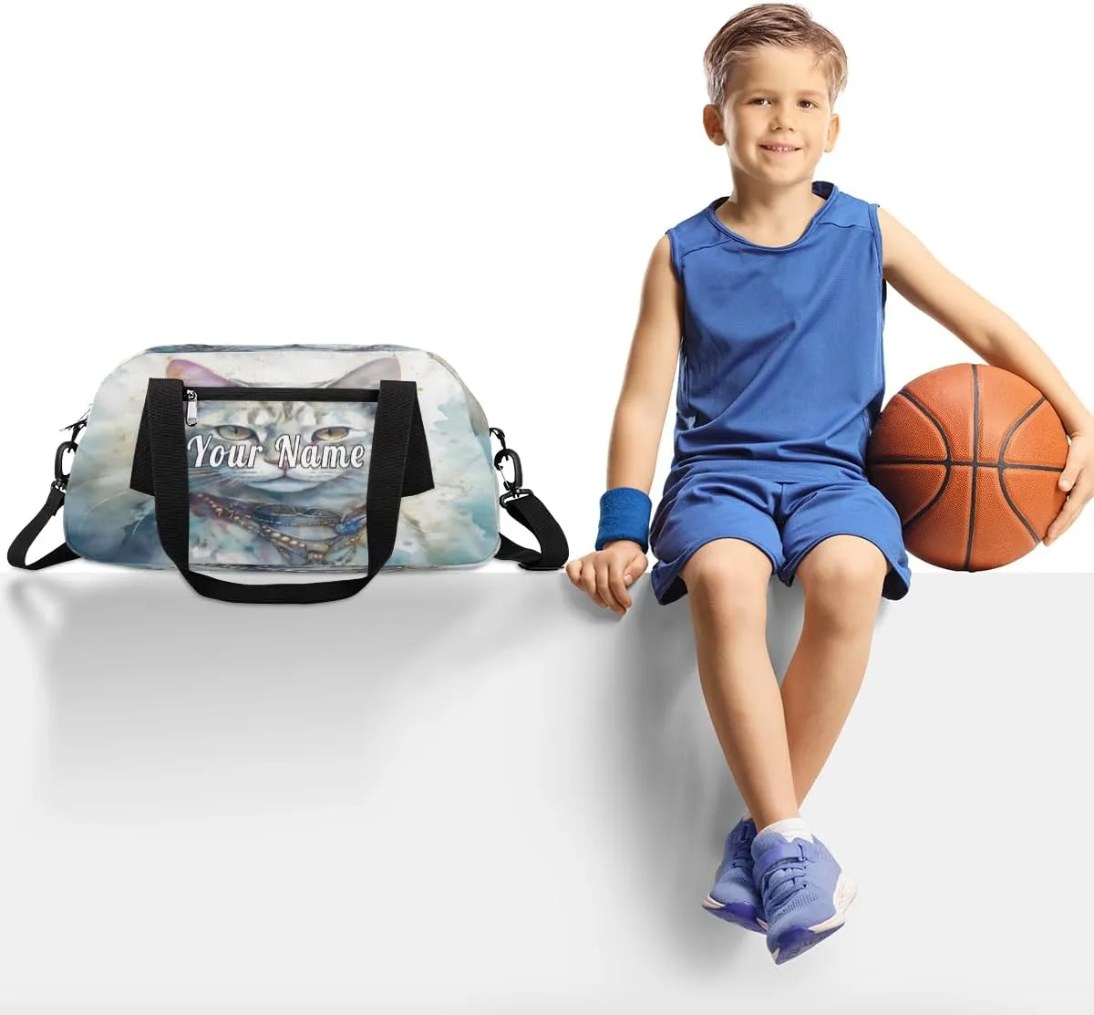 Personalized Kids Duffel Bag Watercolor Animal Cat,Custom Sport Gym Bag for Boys Girls,WWeekender Overnight Bags Travel Duffel Bag,Customized Kids Gift