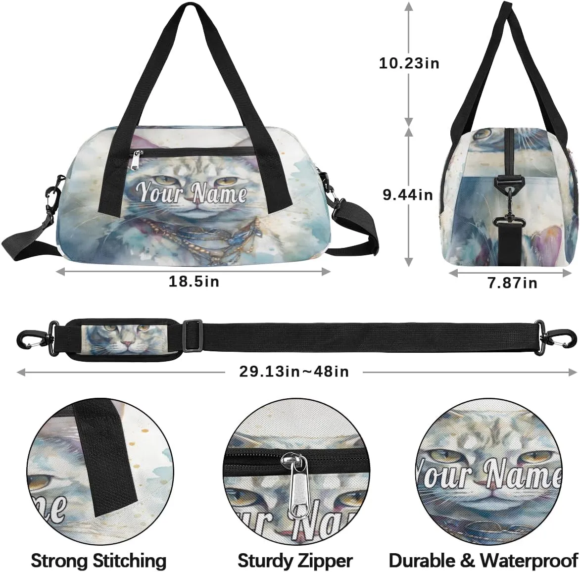 Personalized Kids Duffel Bag Watercolor Animal Cat,Custom Sport Gym Bag for Boys Girls,WWeekender Overnight Bags Travel Duffel Bag,Customized Kids Gift