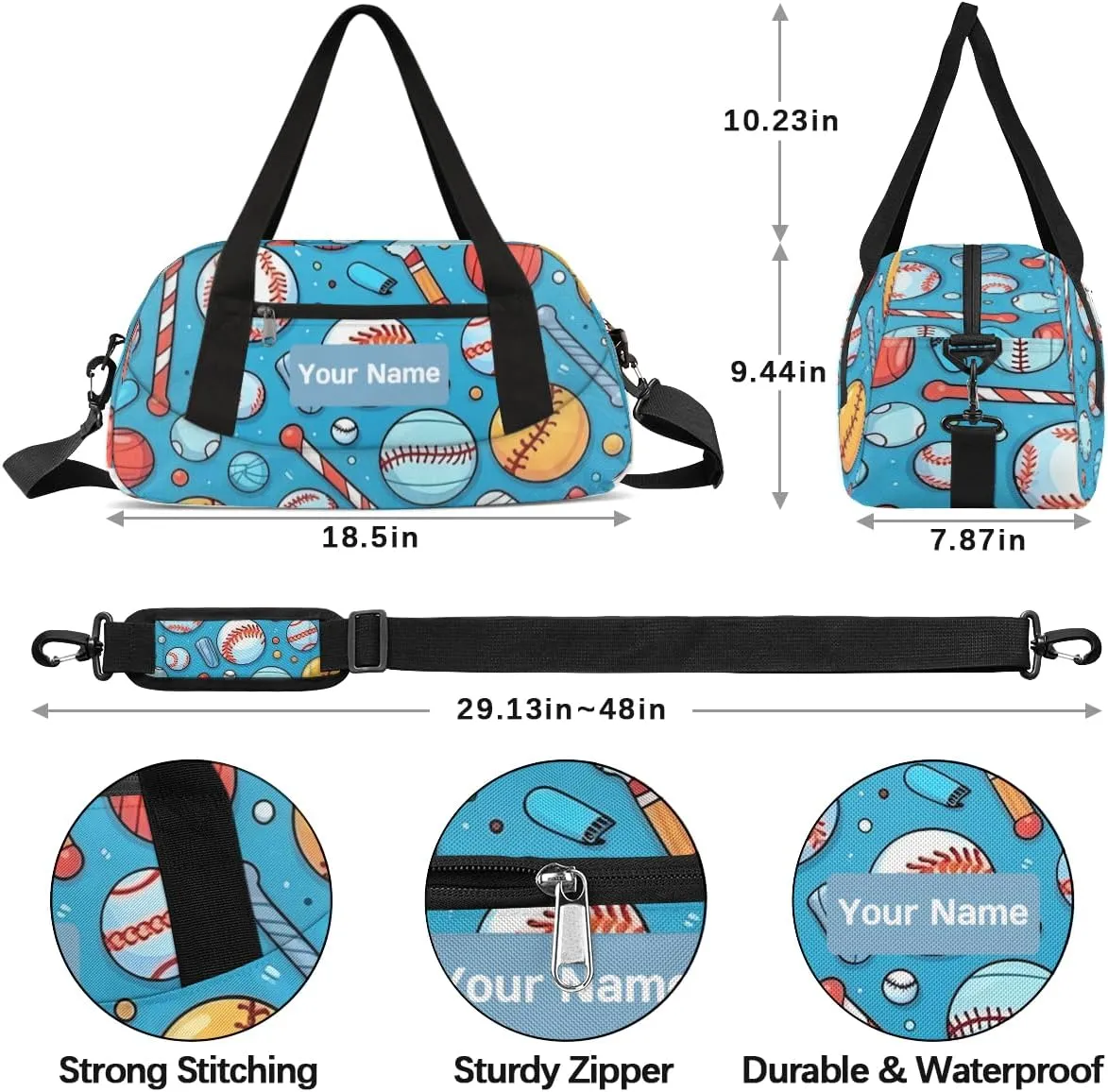 Personalized Sports Duffel Bag for Kids, Custom Dance Bag Gym Bag for Girls, Weekender Bags Travel Duffle Bag for Boys, Baseball Basketball Themed
