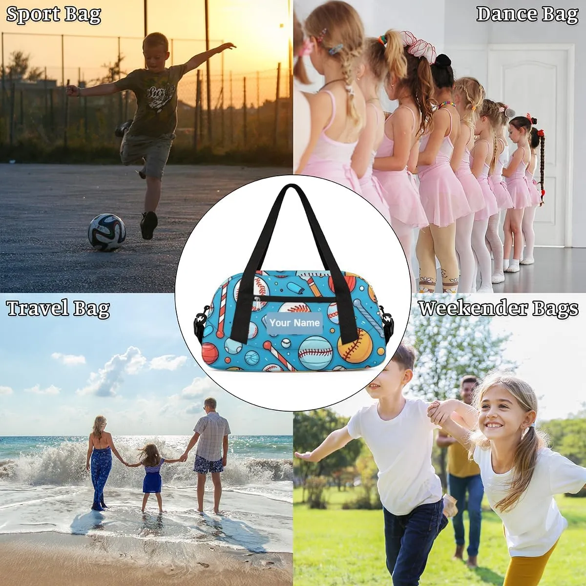 Personalized Sports Duffel Bag for Kids, Custom Dance Bag Gym Bag for Girls, Weekender Bags Travel Duffle Bag for Boys, Baseball Basketball Themed