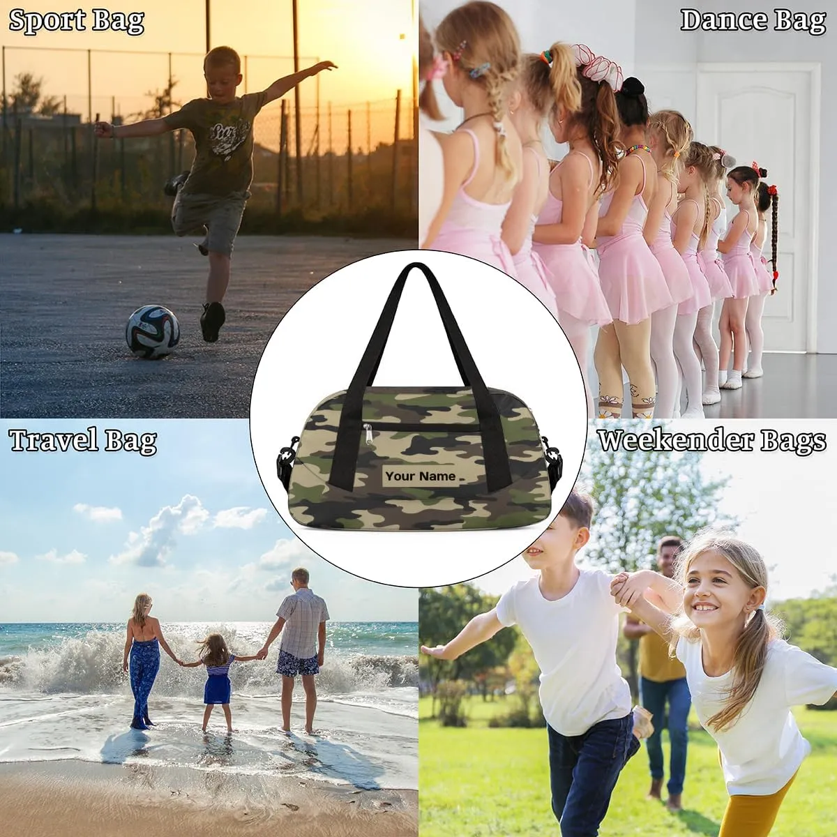 Personalized Sports Duffel Bag for Kids, Custom Dance Bag Gym Bag for Girls, Weekender Bags Travel Duffle Bag for Boys, Classic Camo Print Themed
