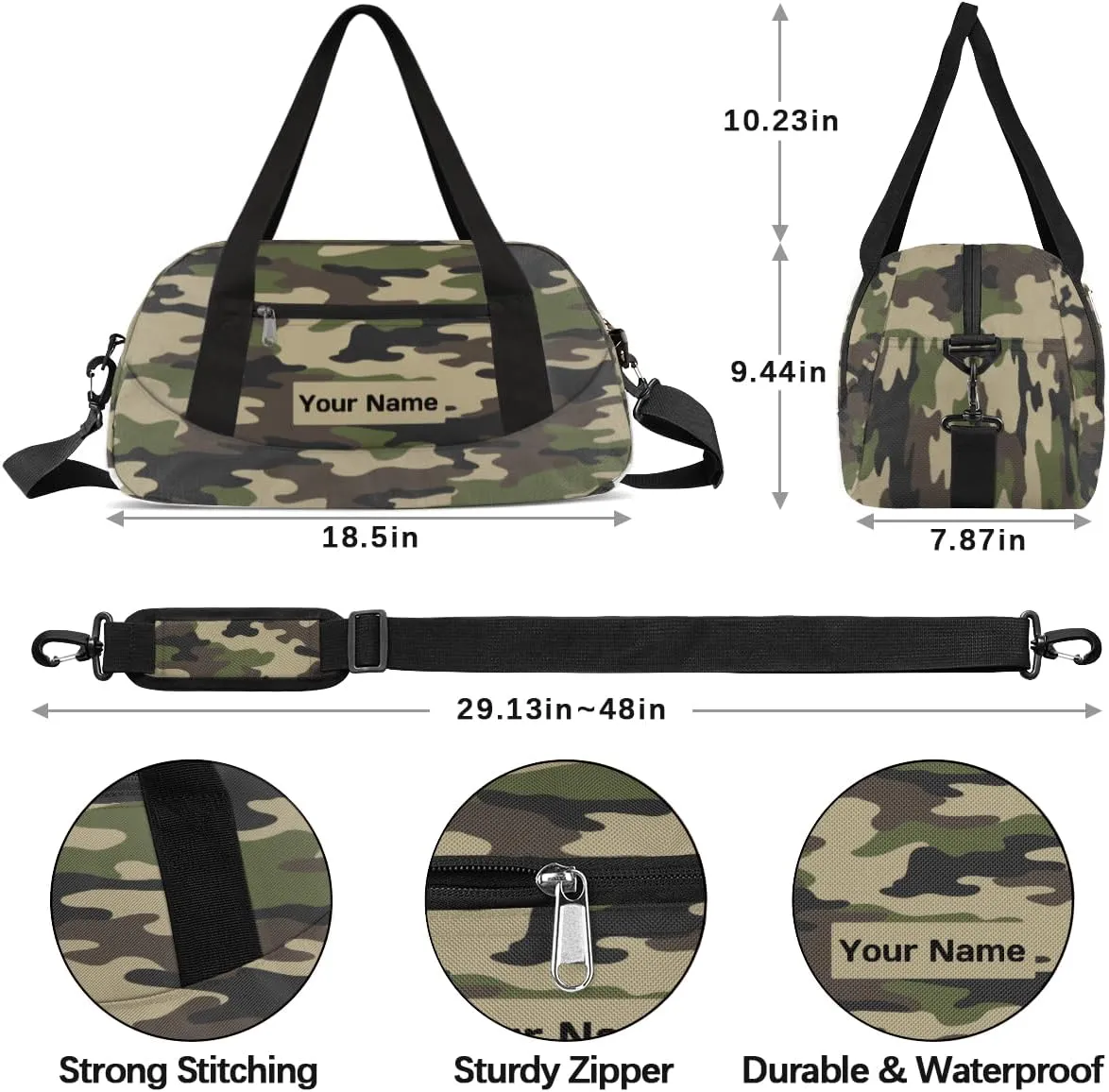 Personalized Sports Duffel Bag for Kids, Custom Dance Bag Gym Bag for Girls, Weekender Bags Travel Duffle Bag for Boys, Classic Camo Print Themed